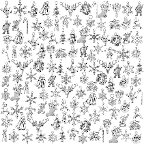 Konsait Paquete de 120 dijes de Navidad a granel, colgantes de plata antigua, accesorios de manualidades mixtas, cuentas colgantes para collares,