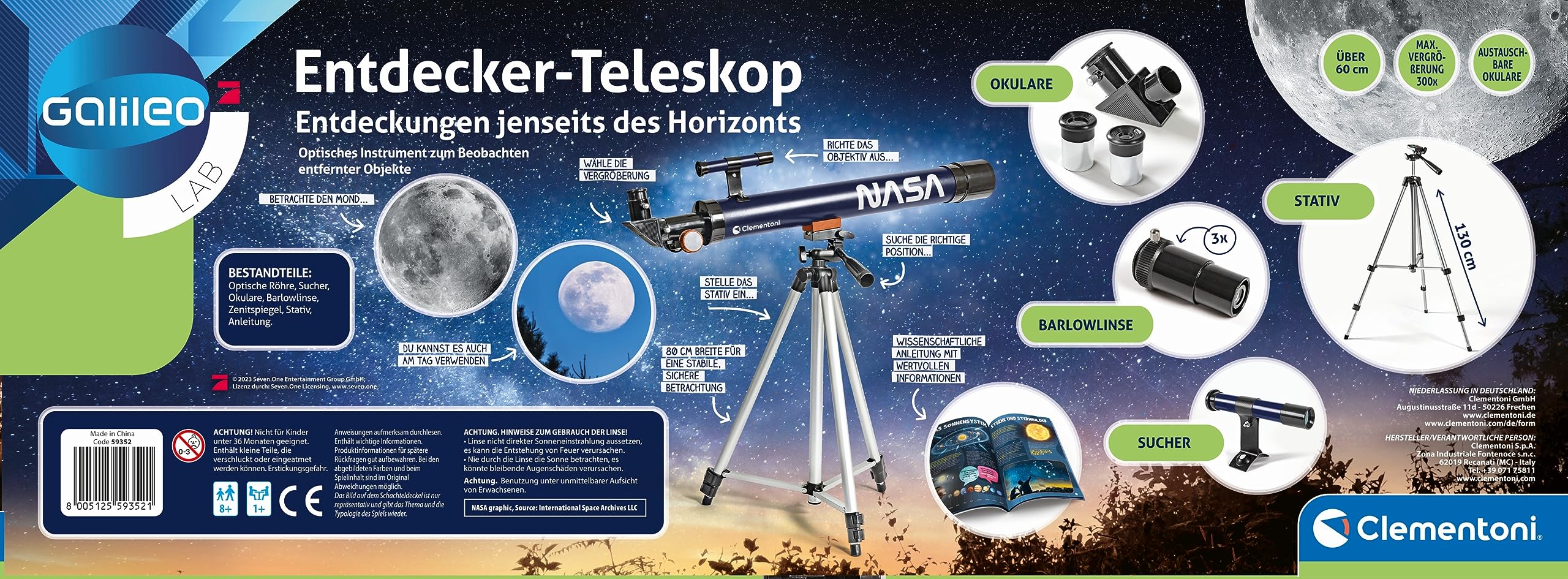 Clementoni Galileo Lab NASA Entdecker Teleskop - Mit 300-facher Vergrößerung, Stativ und austauschbaren Okularen - Sternen-Teleskop für Kinder ab 8 Jahren, 59352