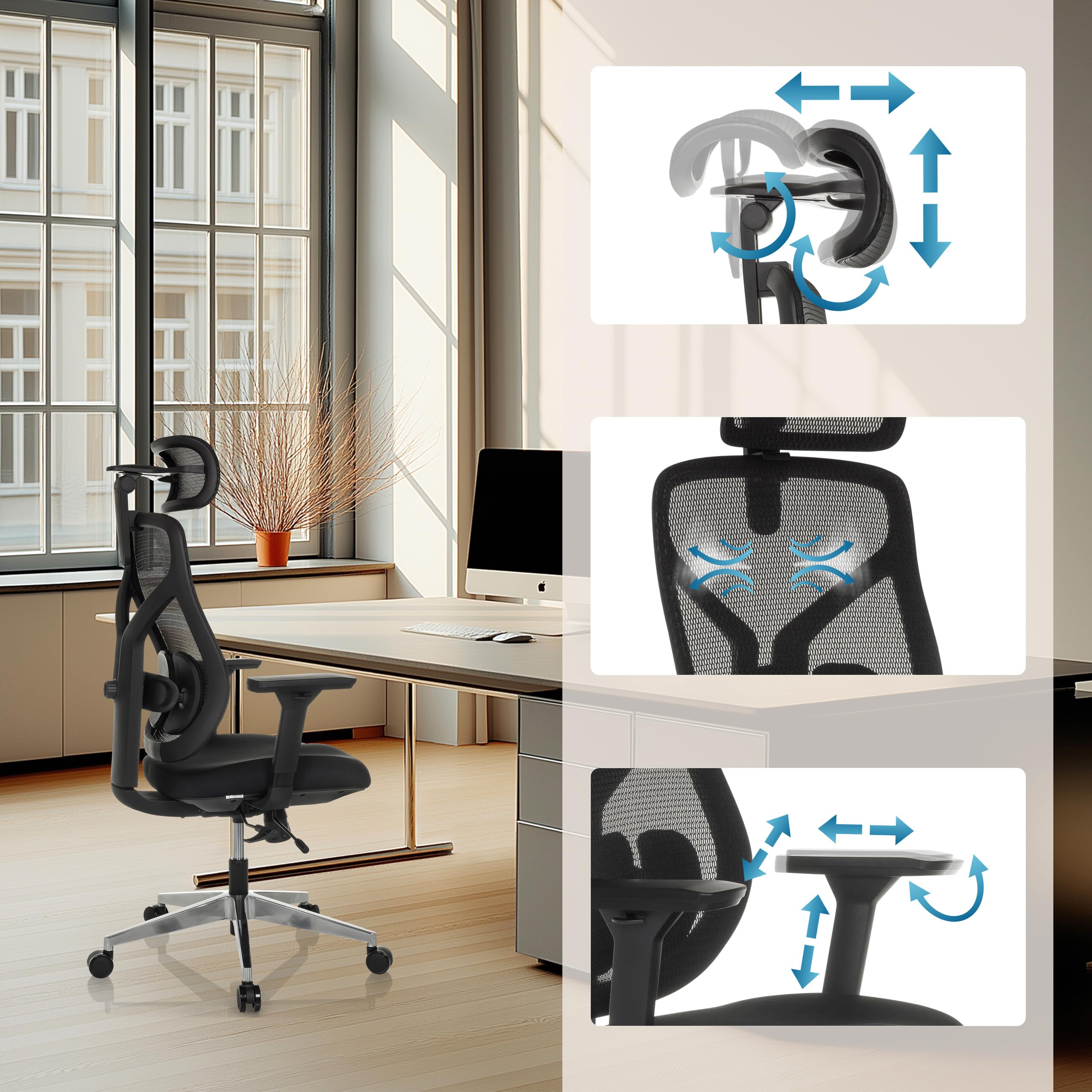 hjh OFFICE Bürostuhl ergonomisch CASSILIS B Netz Drehstuhl, Verstellbare Rückenlehne mit Lendenstütze, Körpergröße bis 220 cm, Schwarz