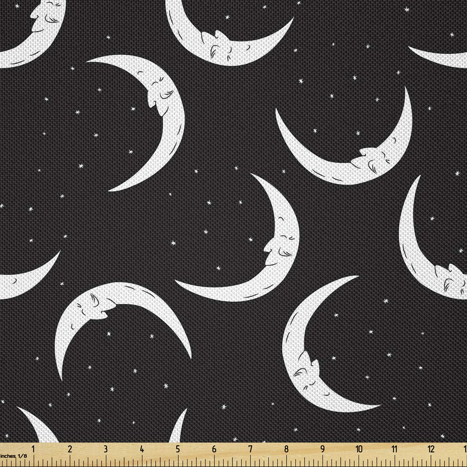 LunarableNight Fabric by The Yard, Crescent Moon and Stars Sky Sleep Cosmos Bed Time Celestial Print, Decorative Satin Fabric for Home Textiles and Crafts, 1 Yards, White and Black