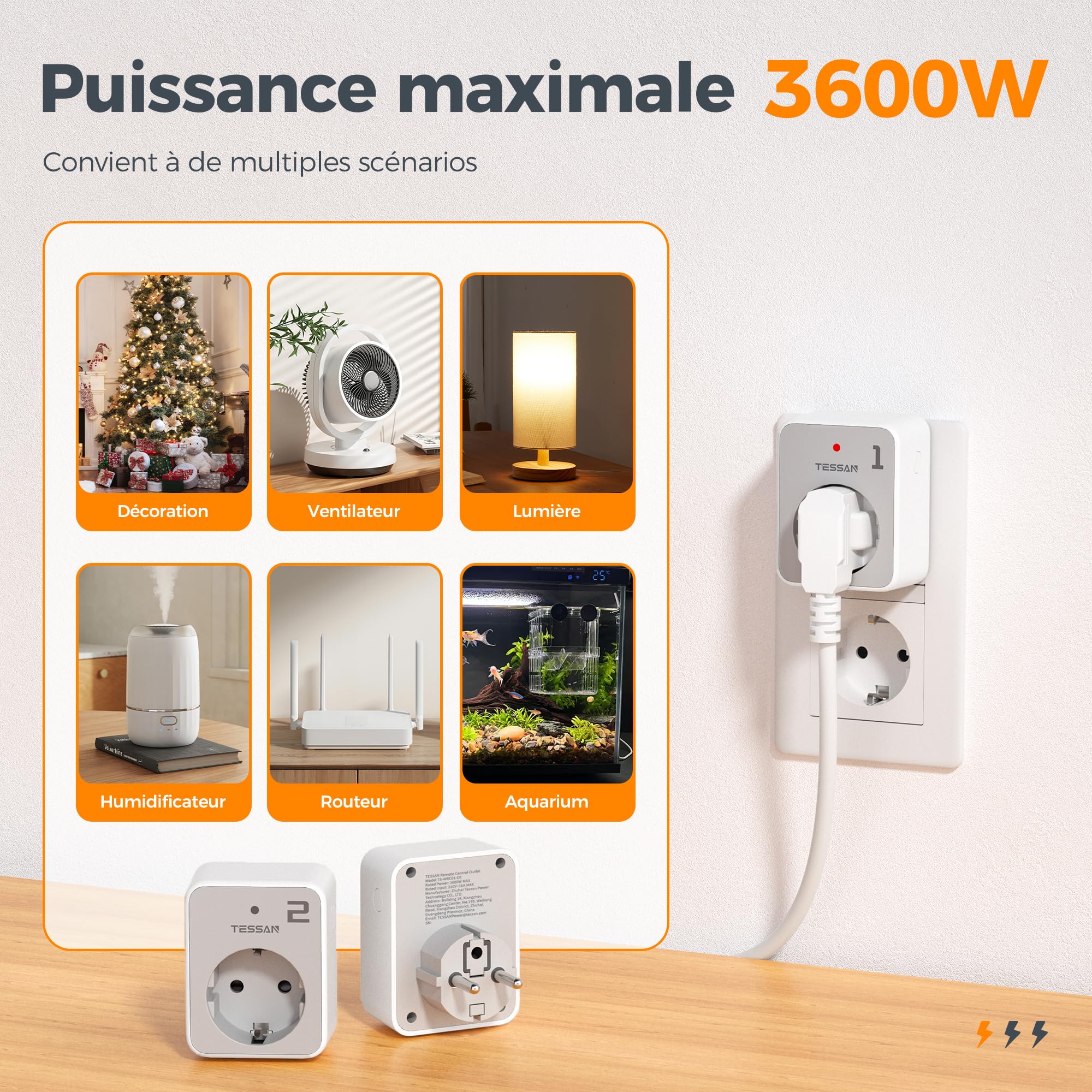 TESSAN Jeu de Prise Telecommande sans Fil, Portée 30,5 M, 3600 W Intérieures Prise Electrique avec Telecommande et Interrupteur, pour Décoration, Électroménager, Éclairage, Lot de 3