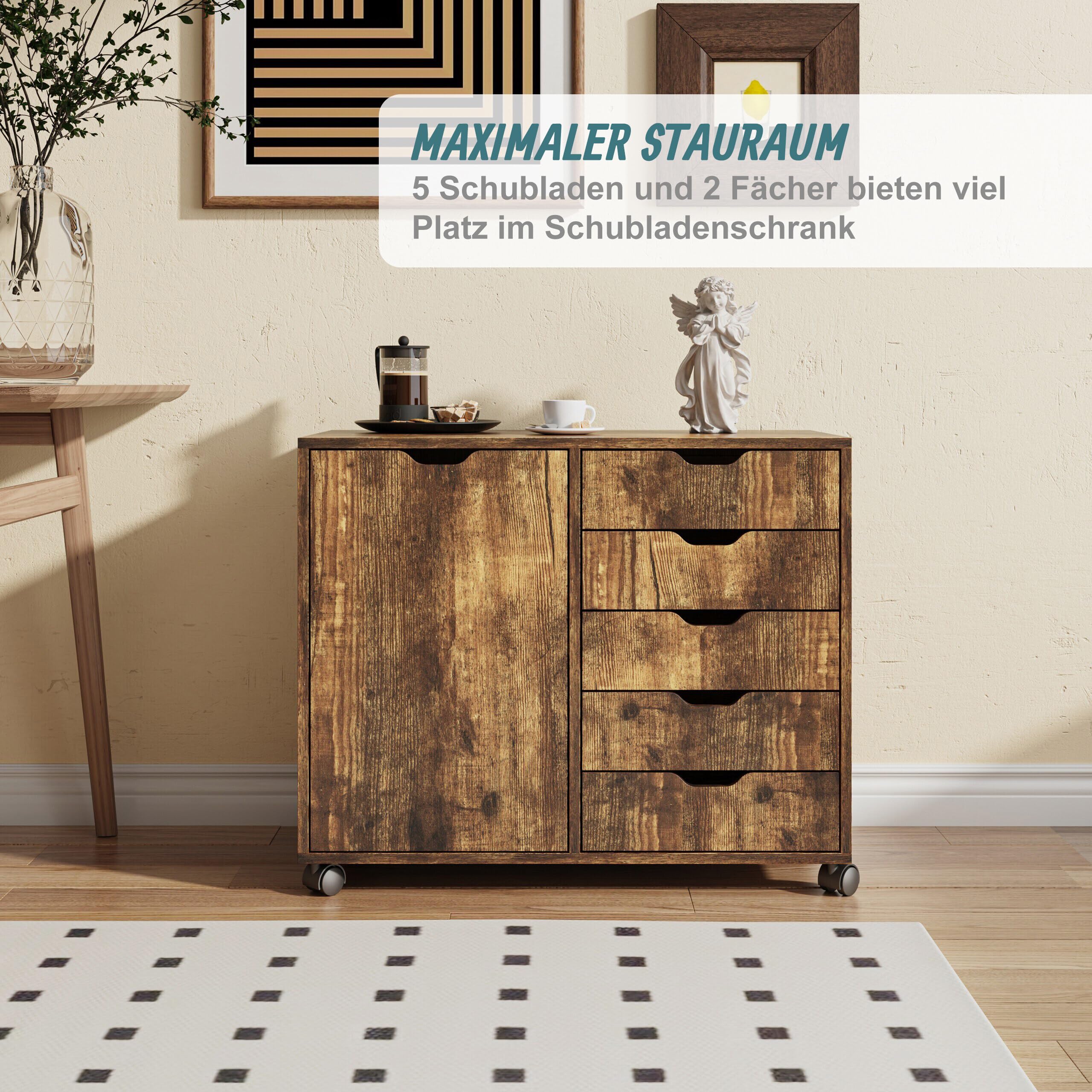Relaxdays Rollcontainer, 5 Schubladen & 2 Fächer, HBT: 65x78x40 cm, Büroschrank, Aktenschrank mit Rollen, Büro, braun
