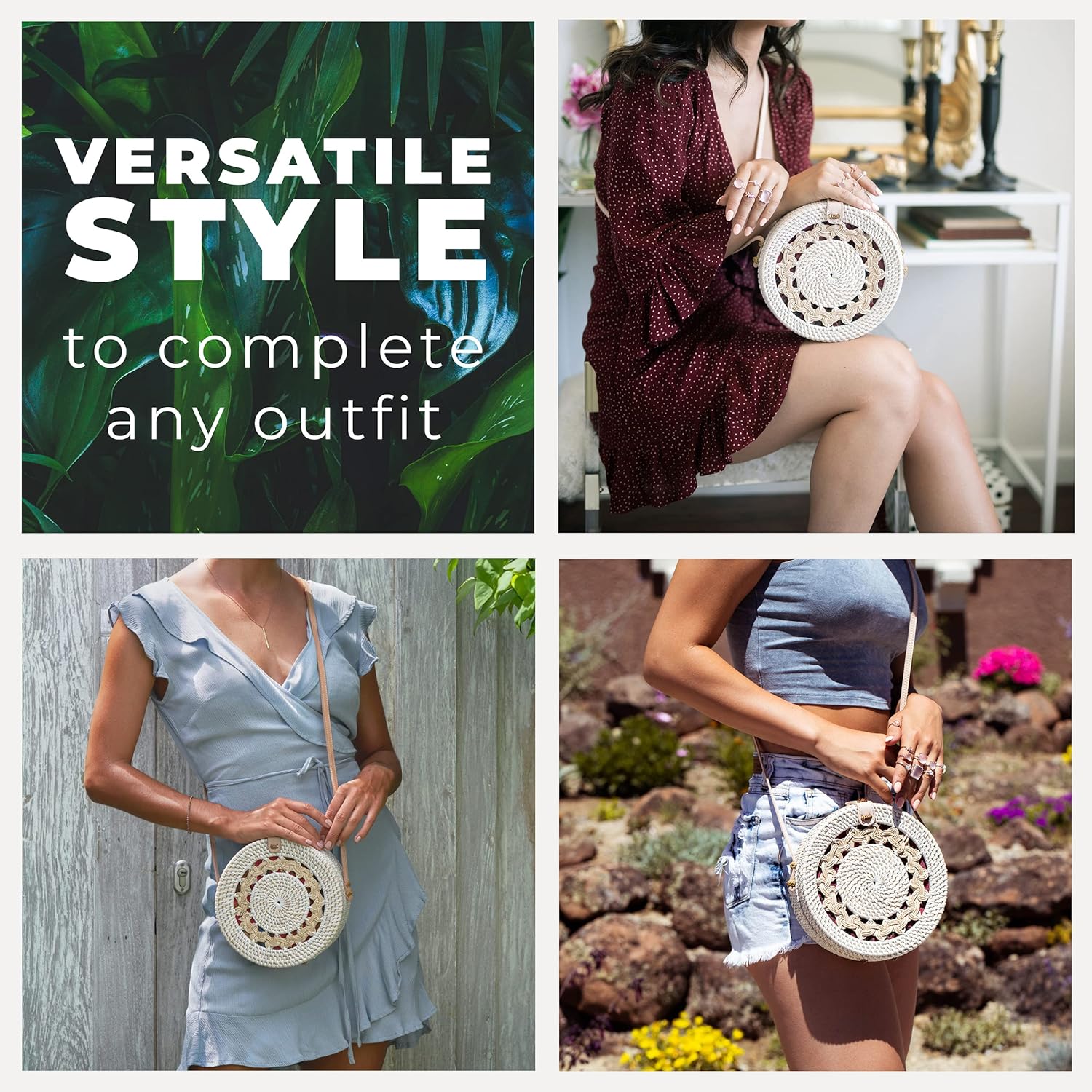 Novum Crafts Round Rattan Bag for Women - Handmade Straw Bags - Wicker Purse - Brown White Circle Crossbody Boho Bags - Image 6