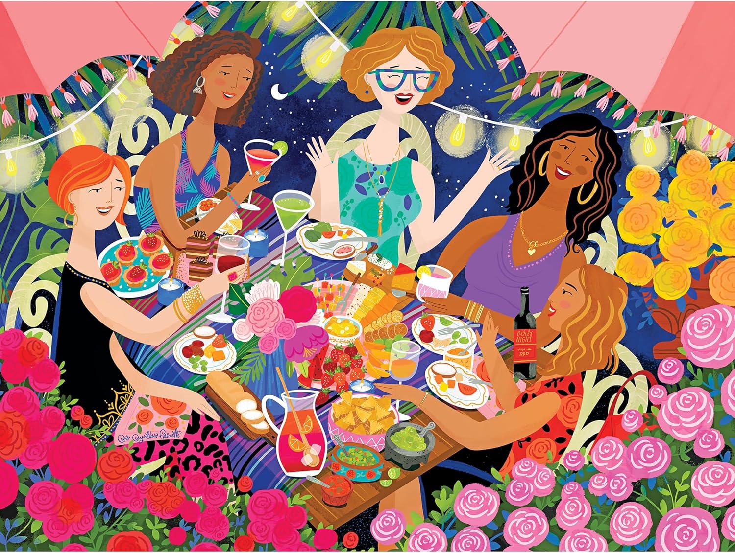 RoseArt Ultimate Puzzle Party - Game Night in A Box Complete with (2) 300pc Jigsaw Puzzles, Party Favors, Garland, Award Stickers, Fun for All Game Night, Galentine's Day Gift