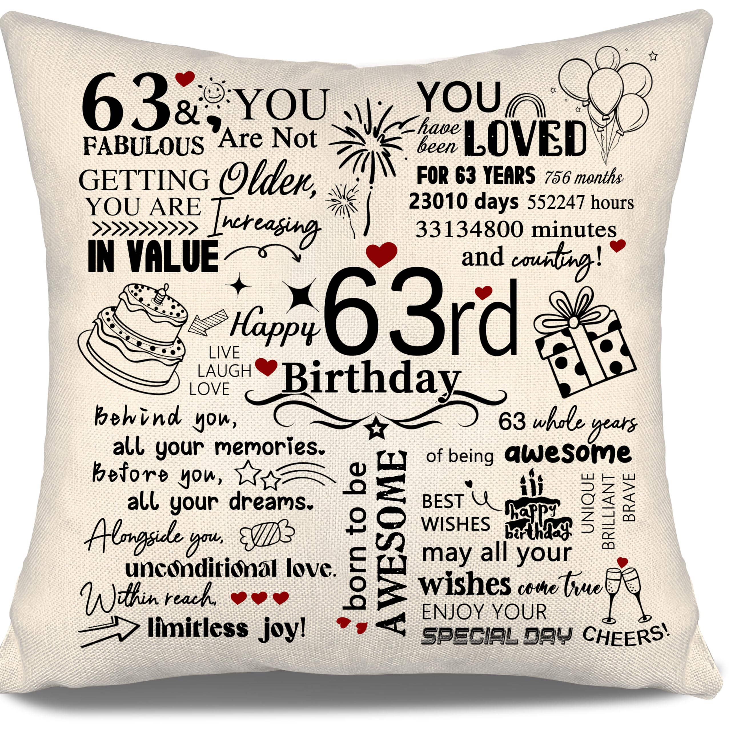 63rd Birthday Gift Cushion Cover for Mum Dad Auntie Uncle Grandma Grandad Sister Friend Cousin Colleague Wife Husband 63 Years Old Women Men Gift Inspirational Cushion Cover Happy Birthday (63)