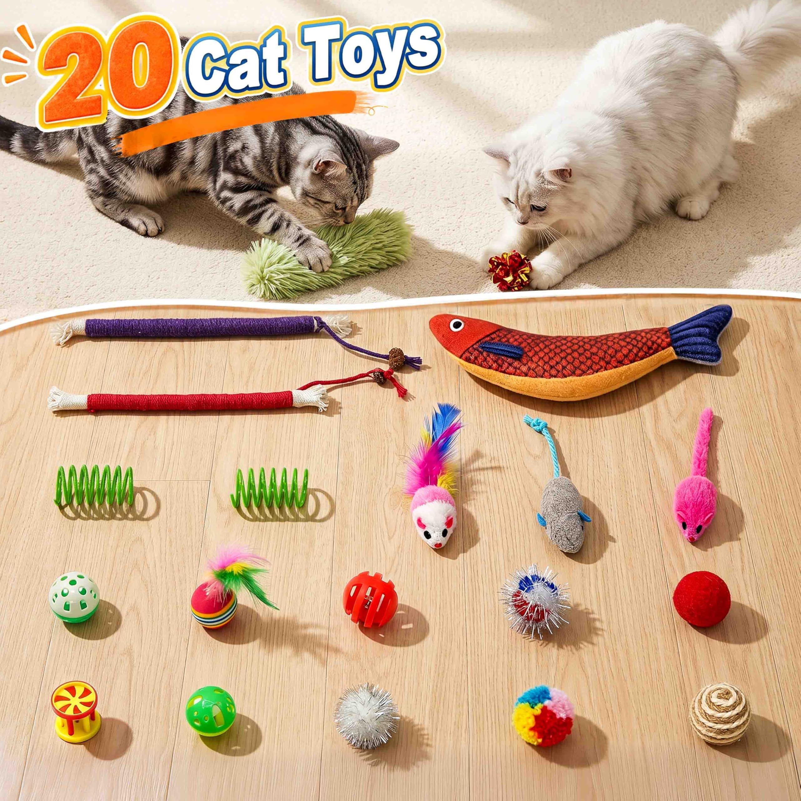 Interaktives Katzenspielzeug mit 20 Katzenspielzeugen, automatisches Katzenspielzeug, berührungsaktiviert mit 2 Federstäben, Vogelzwitschern für gelangweilte Indoor-Kätzchen