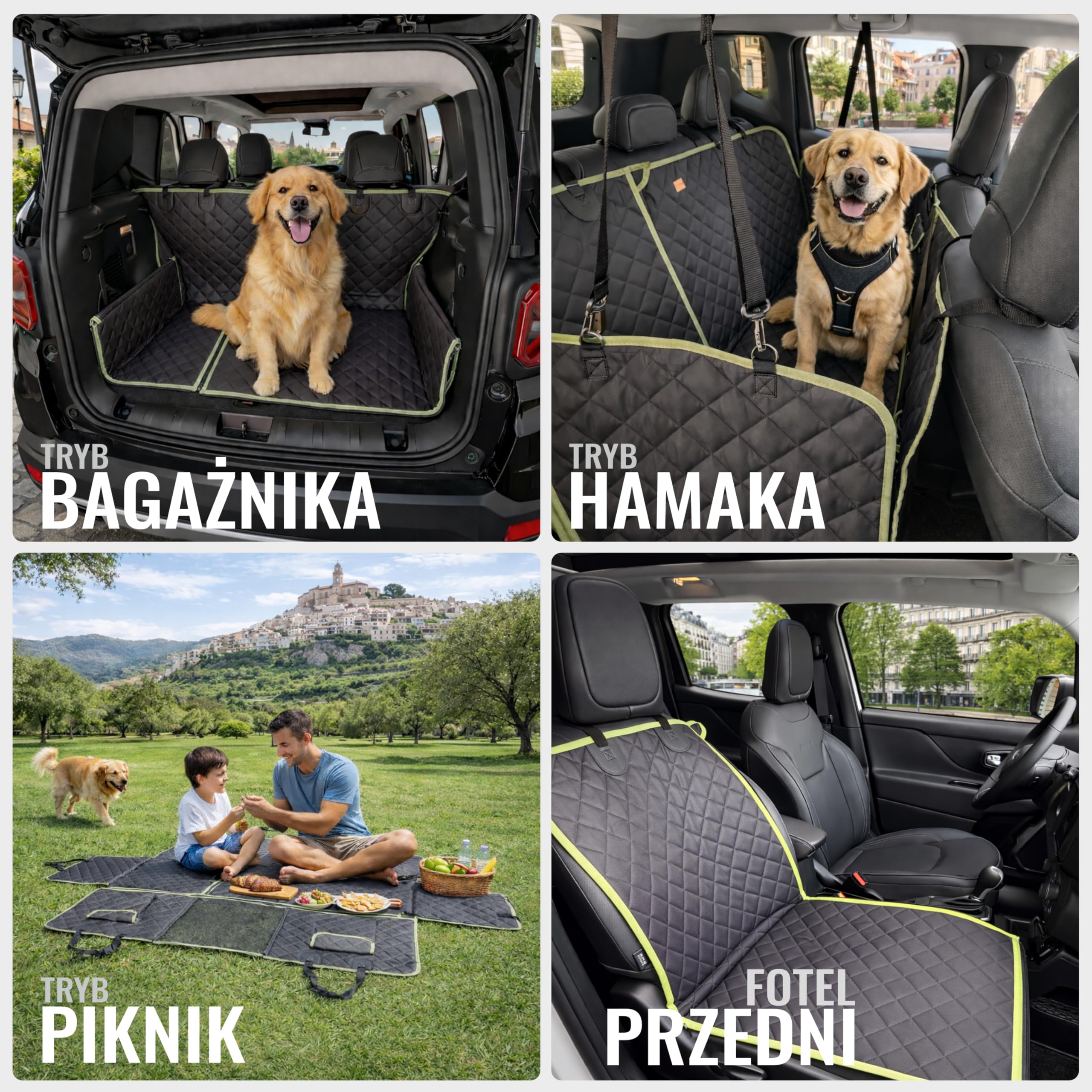 Mata dla Psa do Samochodu 6-w-1 – Pokrowiec na Siedzenia dla Psa z 9 Zamkami, Wodoodporny Oxford 600D, Okno z Siatki, Ochrona Drzwi i Boczna, Mata Samochodowa dla Psa, Czarny