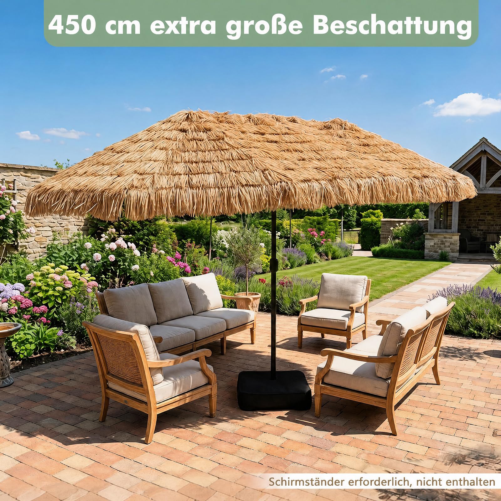 COSTWAY Doppelsonnenschirm 450x260cm, Sonnenschirm Hawaii, Gartenschirm mit Kurbel, Strohschirm Groß XXL, Terrassenschirm, Marktschirm für Garten, Terrasse & Pool