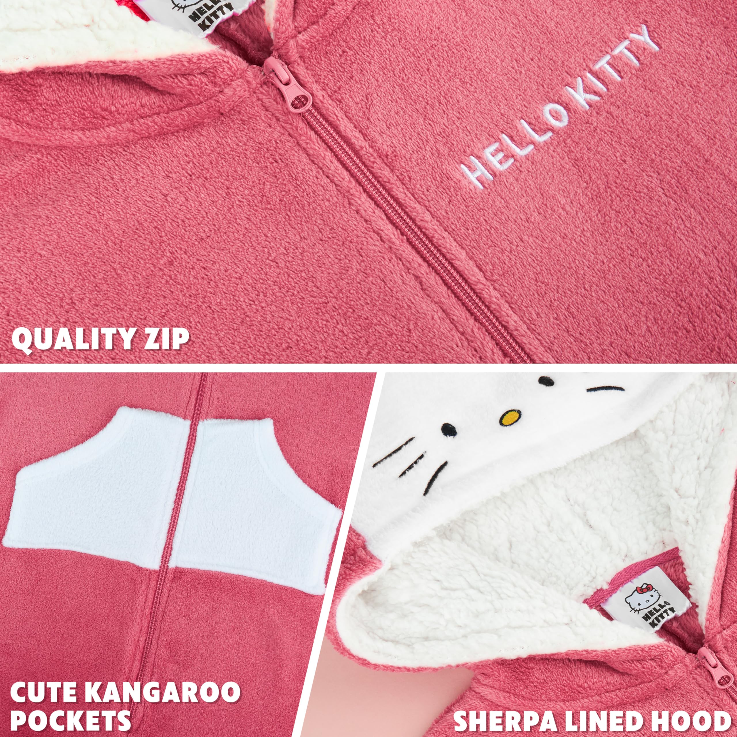 Hello Kitty Sanrio Pyjama Combinaison Femme et Ado en Polaire avec Capuche, Anime Grenouillère Douce, Idée Cadeau Femme
