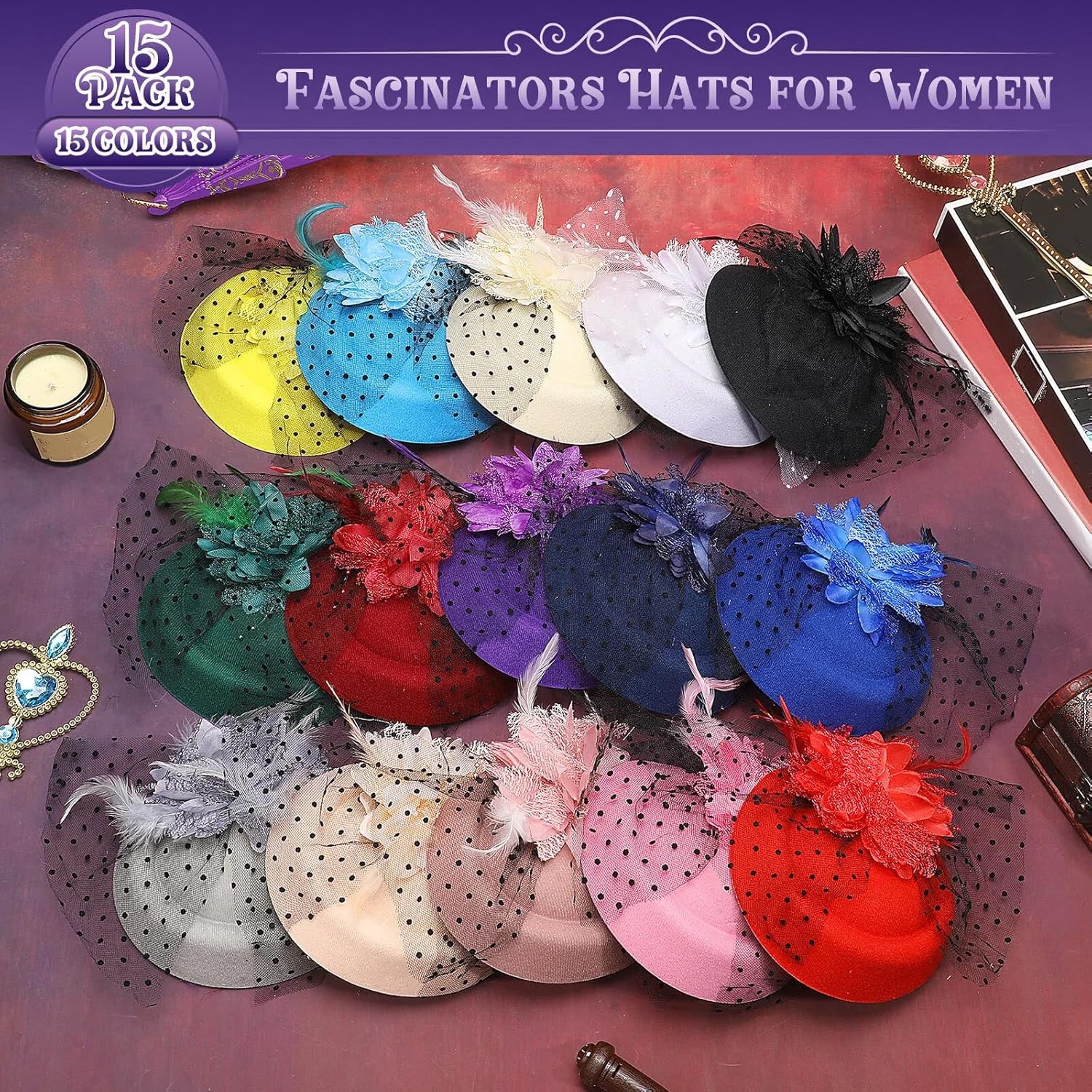Jeyiour 15 Pcs Tea Party Hats for Women 20s Fascinators Pillbox Hats Headwear with Veil Flower Feathers for Wedding Church - Image 4