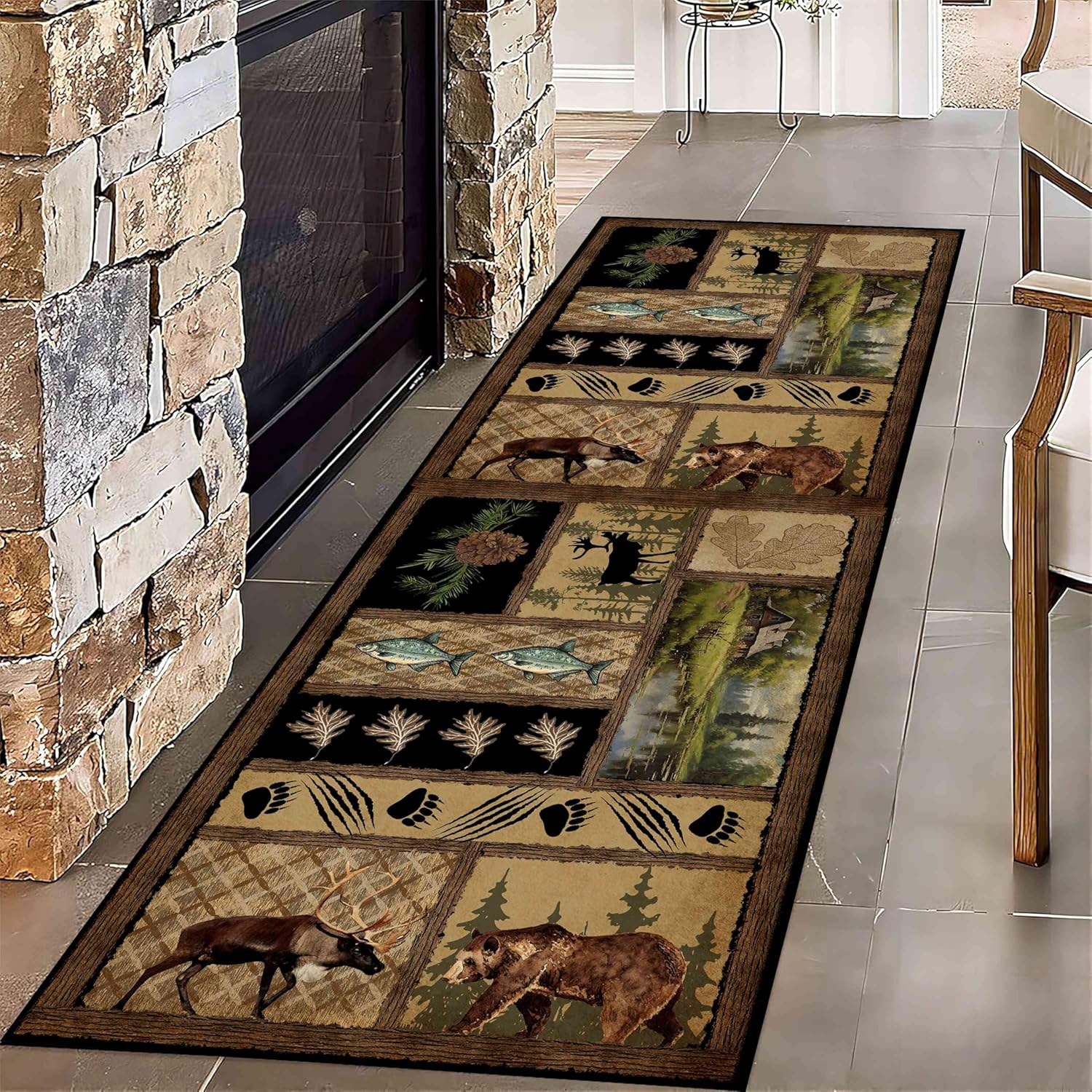 Farmhouse Runner Rug, 2x6ft, Buffalo Plaid Lodge Bear Moose Deer Rugs for Living Room Rustic Cabin Bedroom Throw Rugs Non Slip Washable Floor Carpet Large Brown Vintage Country Home Decor