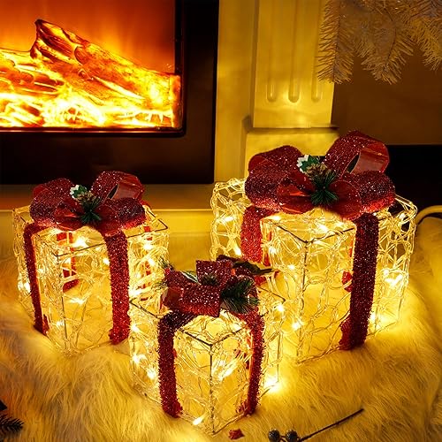 Miniatura 4 de ATDAWN Juego de 3 cajas de regalo iluminadas, decoraciones de Navidad, cajas de regalo preiluminadas de acrílico transparente, decoraciones de caja