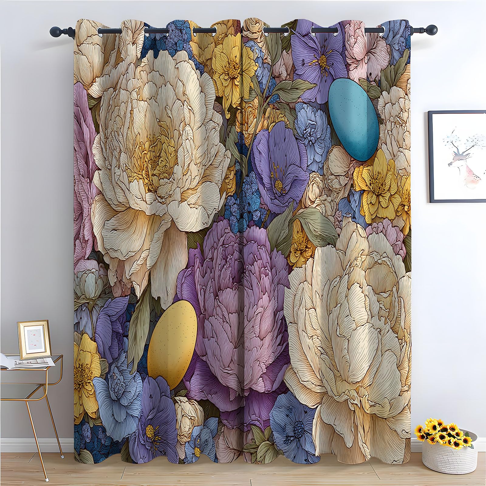 Rideaux occultants imprimé fleurs violet pivoine moderne pour salon H300 x L140