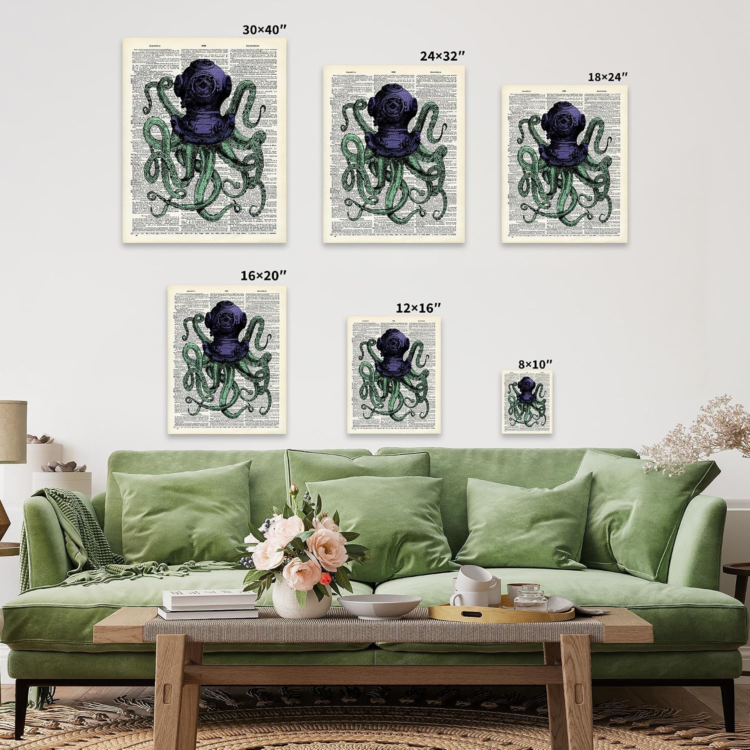 Poster Master Dictionary Art Canvas - Octopus in Diving Helmet Print - Octopus & Kraken Art - Nautical Gift for Men, Women - Wall Decor for Bathroom, Ocean or Beach House - 8x10 STRETCHED Canvas