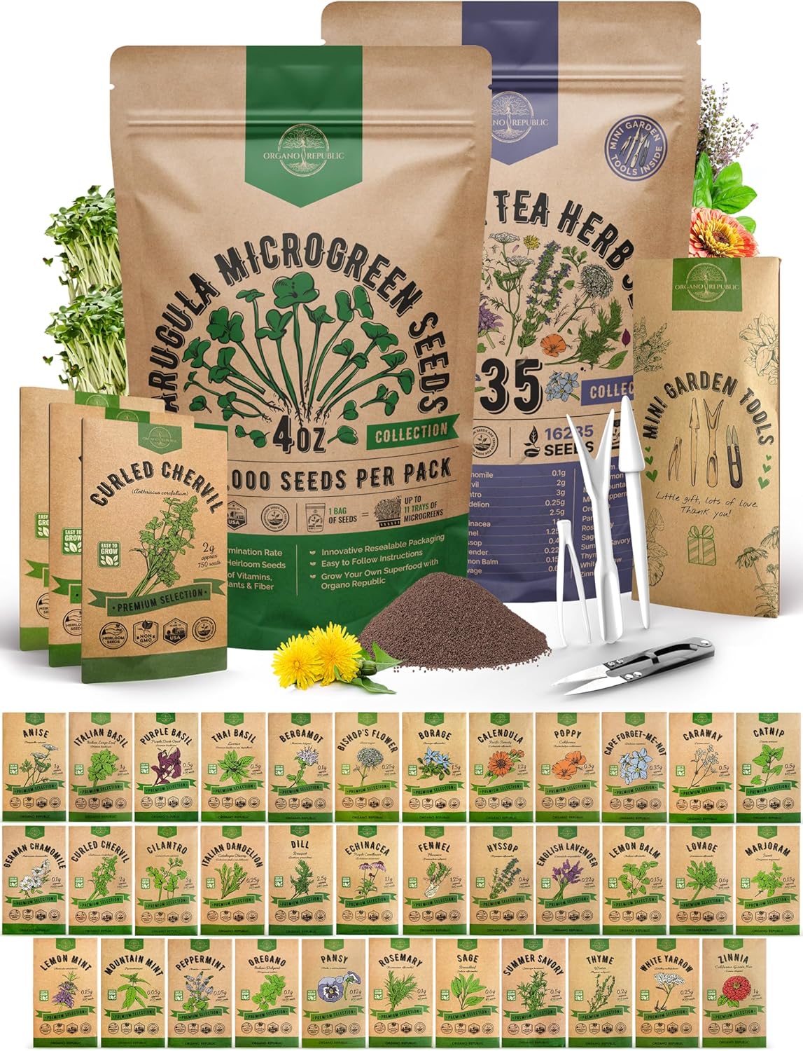 Organo Republic Arugula Sprouting 4 oz & 35 Medicinal & Tea Herb Seeds Variety Pack Bundle, 71,335+ Non-GMO Heirloom Garden Seeds for Planting Herbs & Medicinal Plants for Indoor & Outdoor Gardening