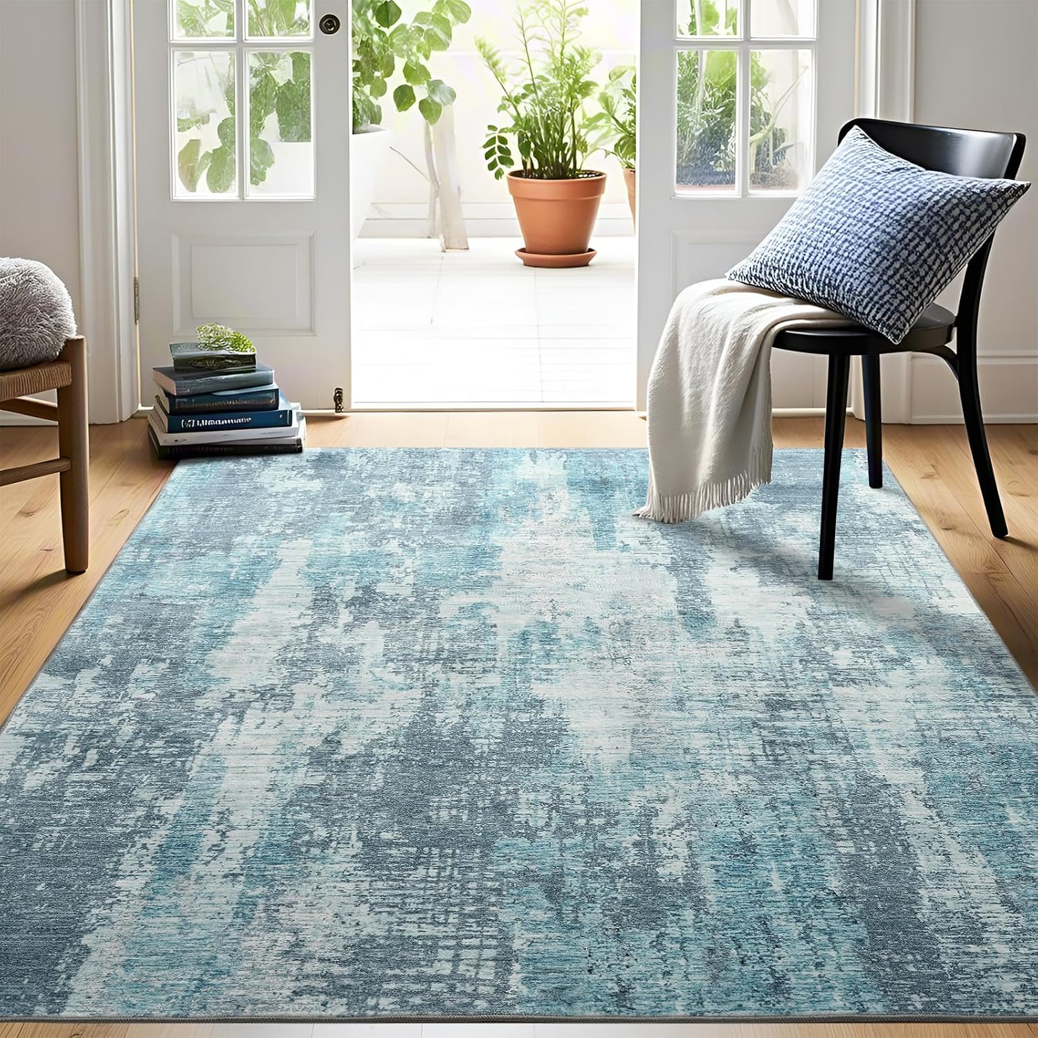 Modern Abstract 3x5 Rug, Soft Grey Area Entryway Rug, Machine Washable Non Slip Area Rugs for Bedroom, Low Pile Stain Resistant Distressed Rugs for Living Room, Dining Room, Dorm, Teal