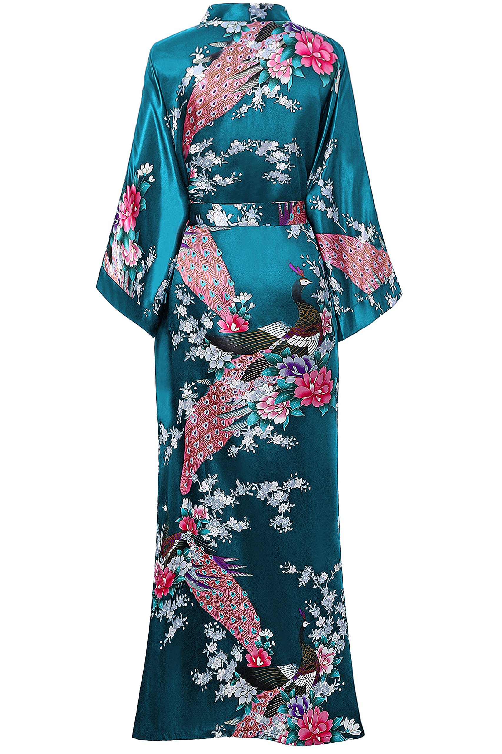 BABEYOND Kimono Femme Long en Satin - Peignoir Léger Imprimé Paon jusqu'à la Cheville