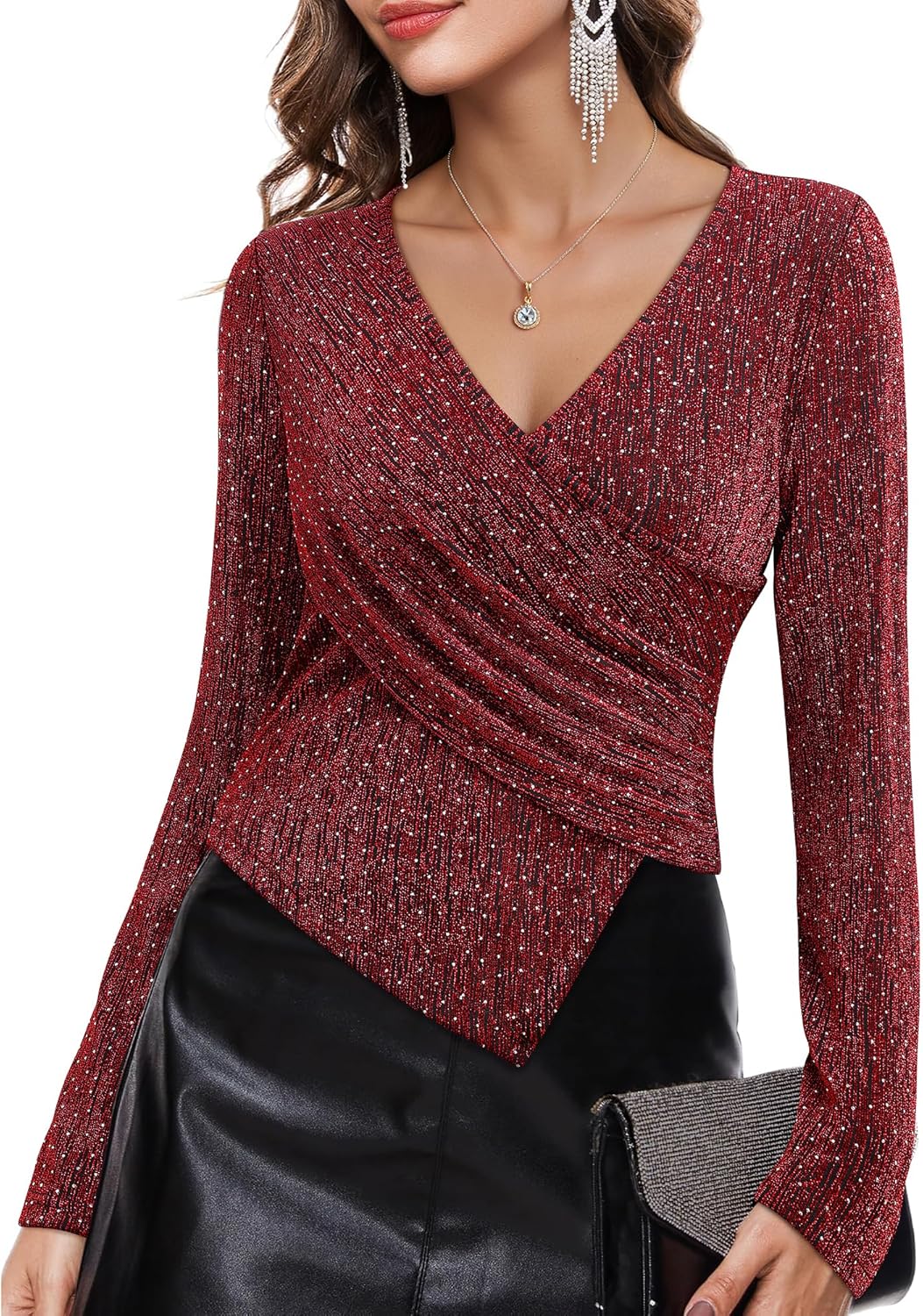 VALOLIA Womens Sparkly Tops Rhinestone Shiny Long Sleeve Ruched Asymmetrical Sparkle Blouses Cocktail Party Evening Shirts