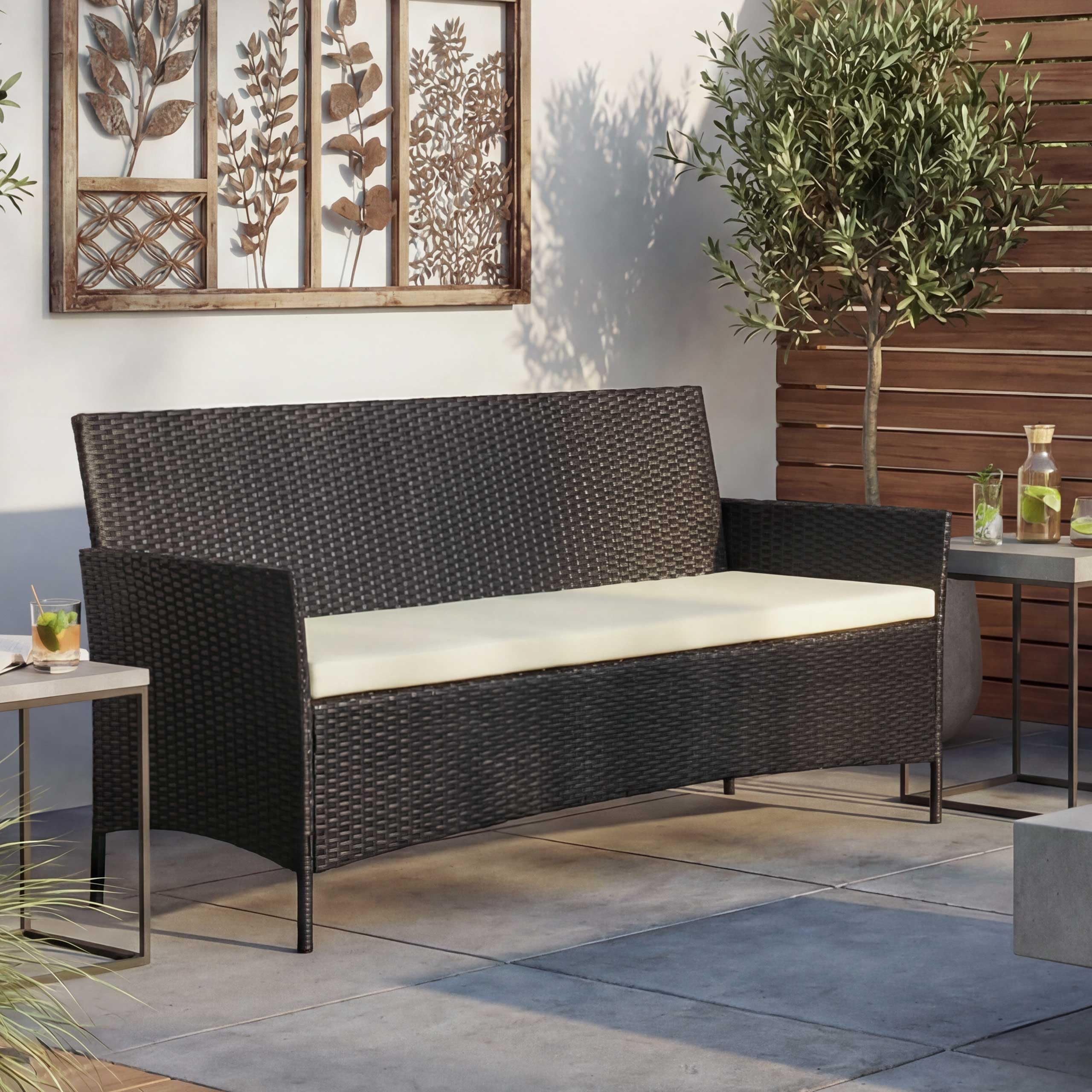 Mendler Divano sofa esterno giardino 3 posti Halden 154cm polyrattan antracite con cuscino avorio