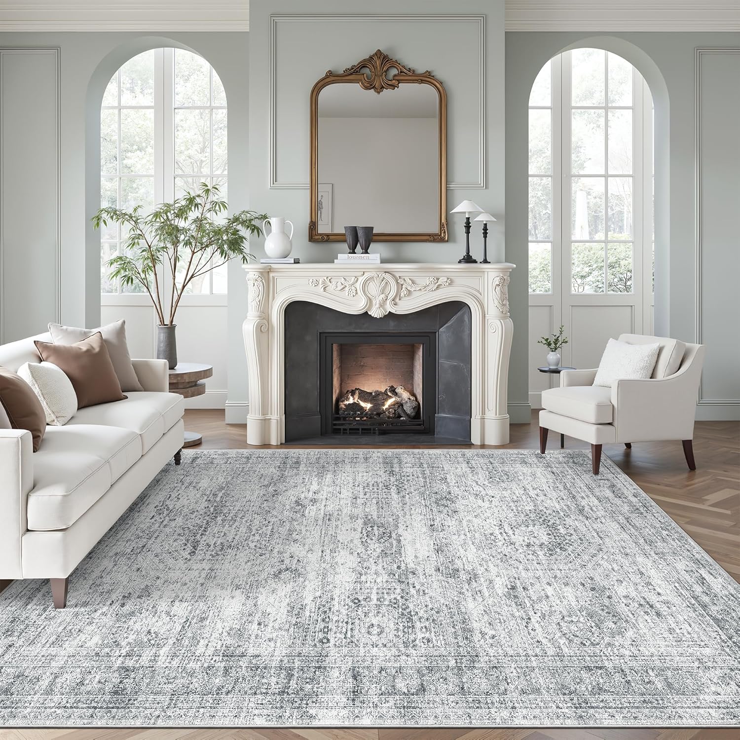 Area Rug 10x12 Vintage Washable Living Room Large Gray Carpet Non Slip Bedroom Indoor Office Dining Room Low Pile Thin Rug Grey Grey 10' x 12' (Rectangular)