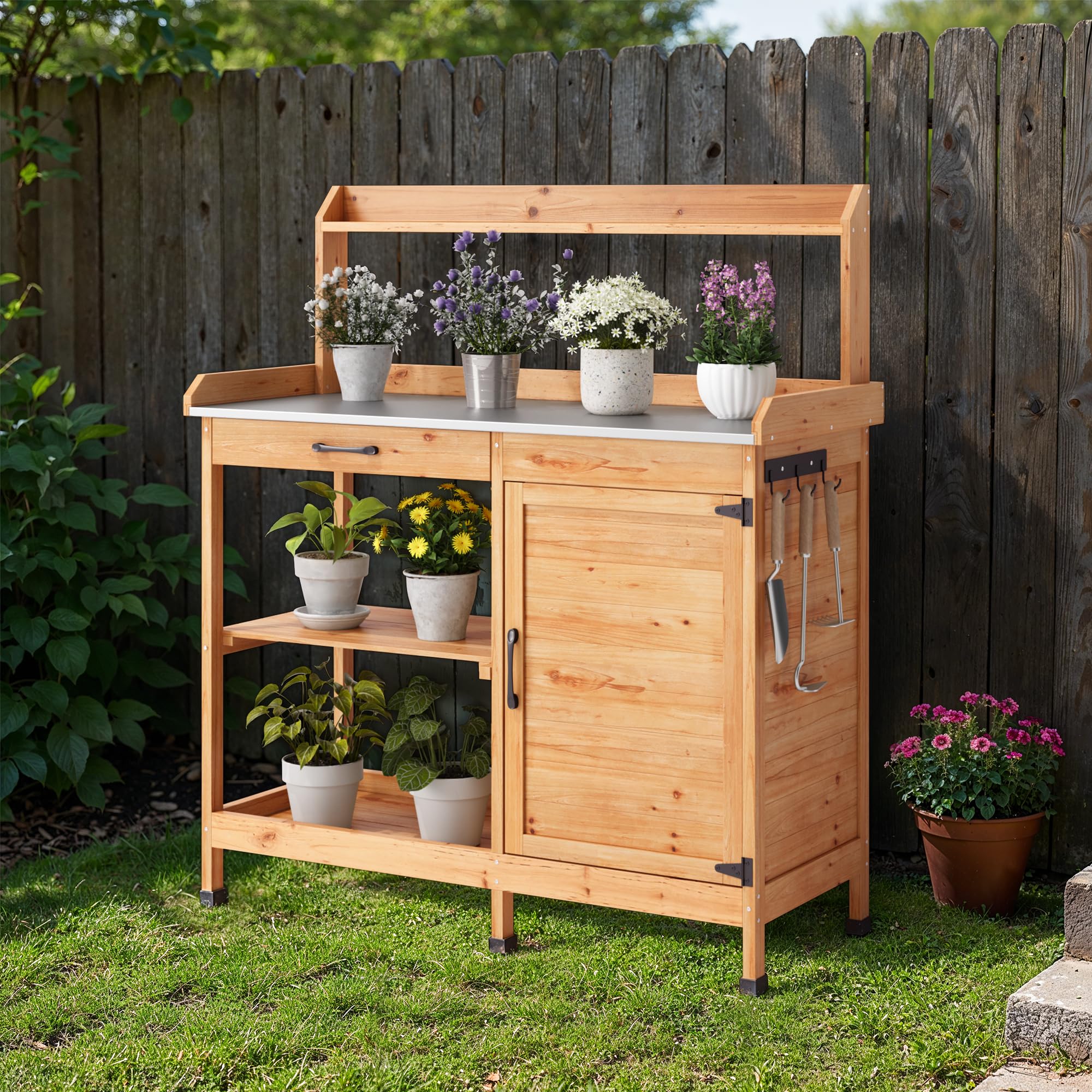 Blishom Table de Jardinage, Table de Plantation avec Tiroirs et Meuble Bas, Table de Travail de Jardin en Bois avec Plan de Travail Galvanisé, pour Jardin, Balcon, Terrasse, 112x46x125 cm, Naturel - 3