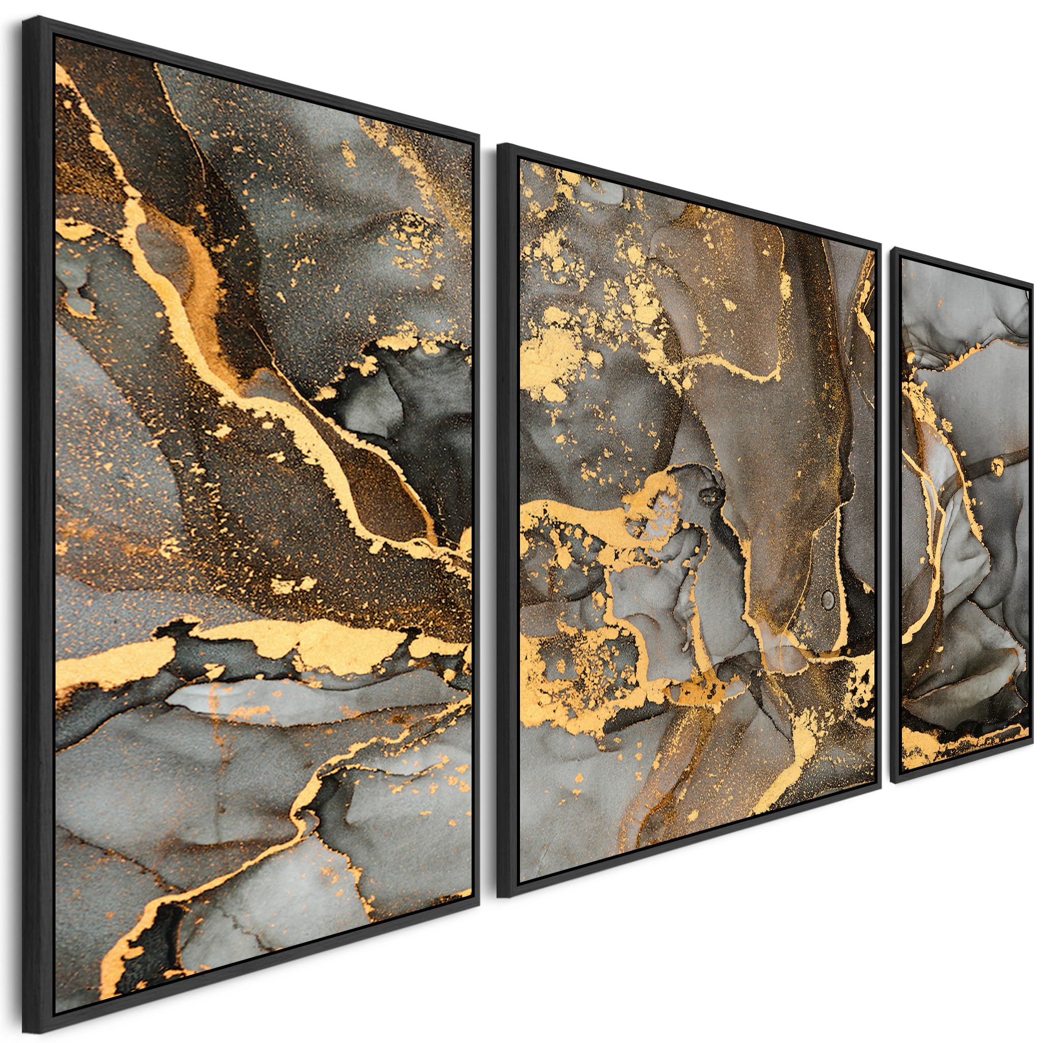 Wallfillers Extra Large Framed Wall Art Pictures for Living Room - Grey Black Gold Abstract Marble - Set of 3 - XXL 212cm Wide