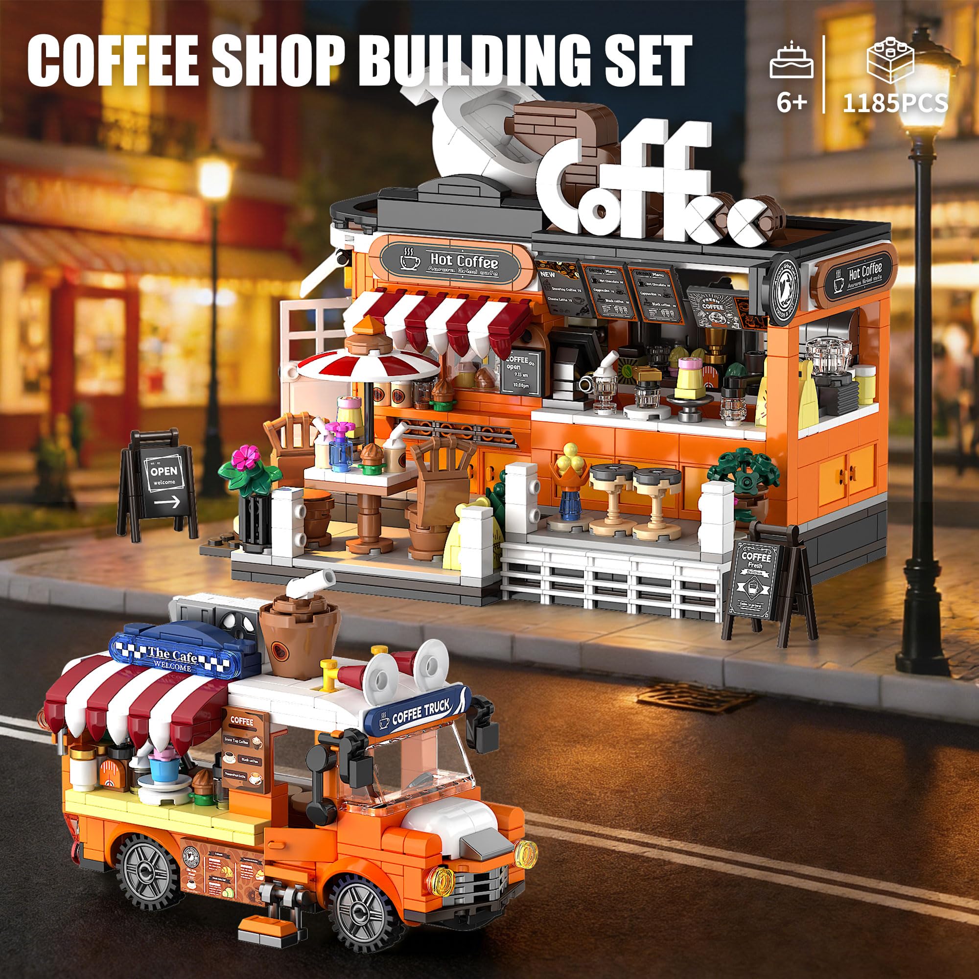 TYCOLE City Coffee House Juego de Bloques de Construcción, 1185 Piezas de Cafetería, Juguetes de Construcción con Coche de Café Móvil, Regalo de Cumpleaños para Adultos, Niños y Niñas de 8 a 12 Años