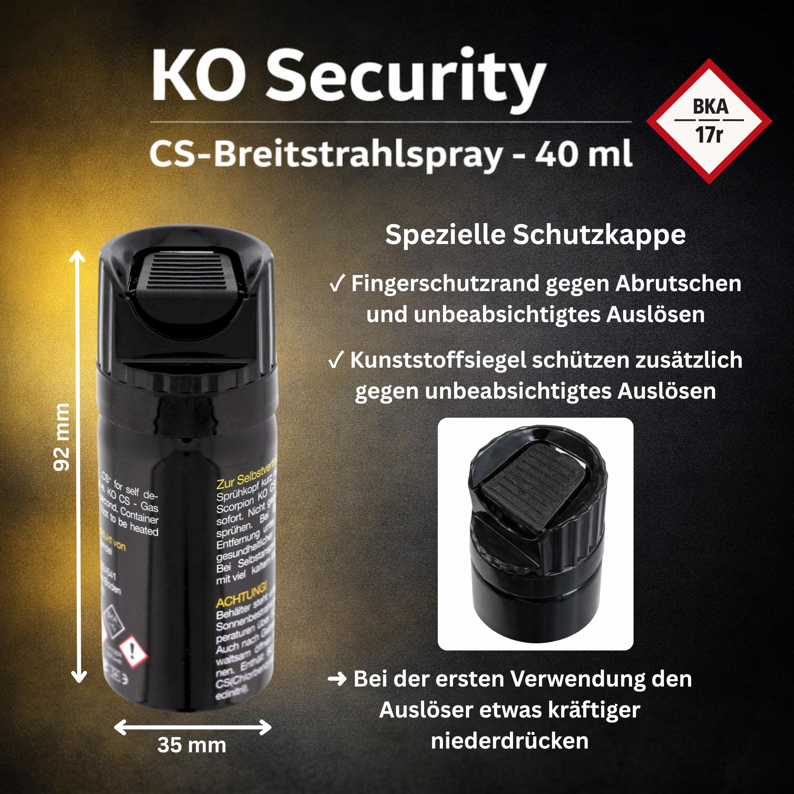 2 Stück KO Security CS-Spray 40 ml – Breitstrahl Personenabwehrspray mit BKA-Zulassung - modernes Design - kompakt und diskret