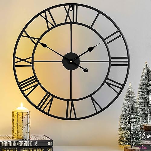 CLXEAST Relojes de pared silenciosos de 24 pulgadas para decoración de sala de estar, relojes de pared grandes de metal negro con números romanos