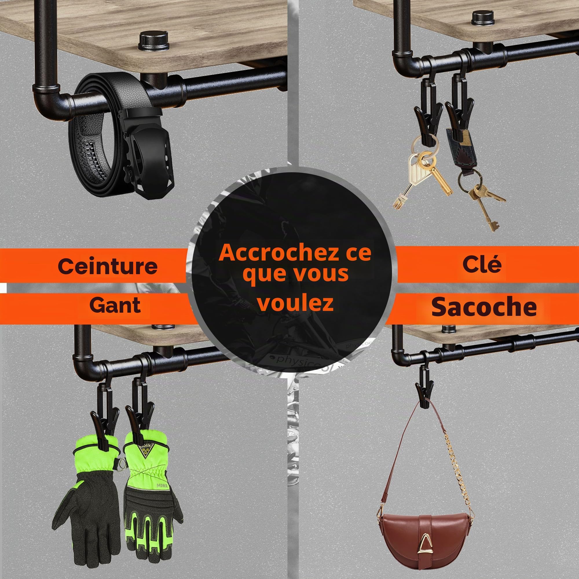Support mural 3 en 1 pour casque de moto avec 2 clips pour gants, support de casque en bois massif et métal (marron)