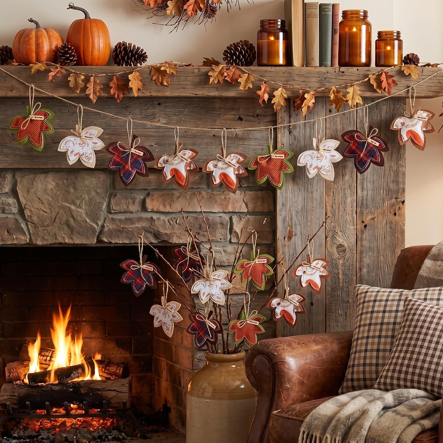 Gemscream 12 Pcs Fall Vintage Fabric Hanging Ornaments Maple Leaf Bowl Filler Stuffed Tiered Tray Pillows Autumn Thankful Gather Harvest Thanksgiving Decor for Farmhouse Tree Table Mantle DIY Craft