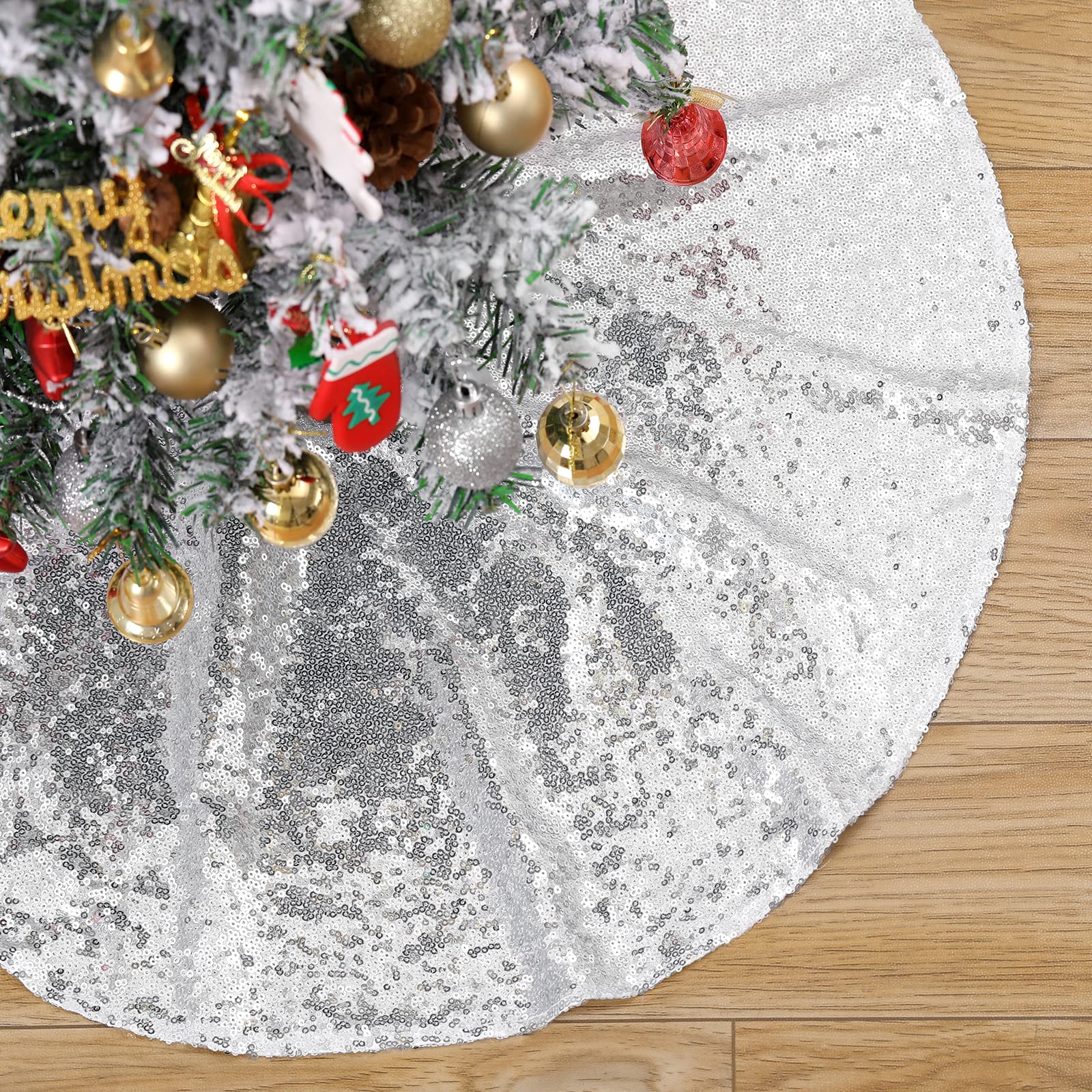 Sequin Christmas Tree Skirt - 24 Inch Black Glitter Mat For Small Trees 1.5-4 Ft - Holiday Party Decoration
