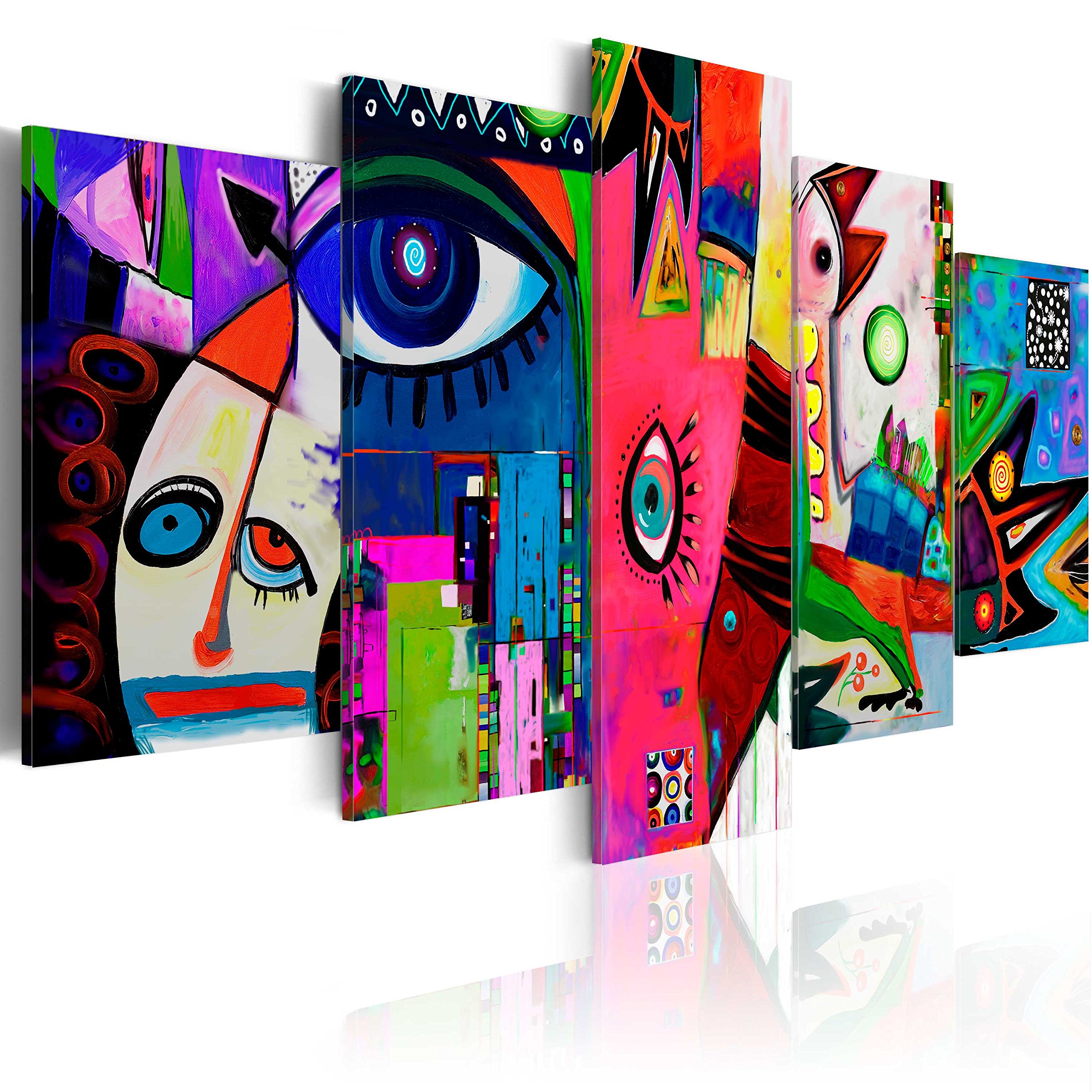 artgeist Acoustic Canvas Wall Art Colorful a'la Picasso 80x40 in - 5pcs Picture with Acoustic Foam Sound Print Artwork Room Acoustics Soundproofing Abstract Eyes a-A-0113-b-n