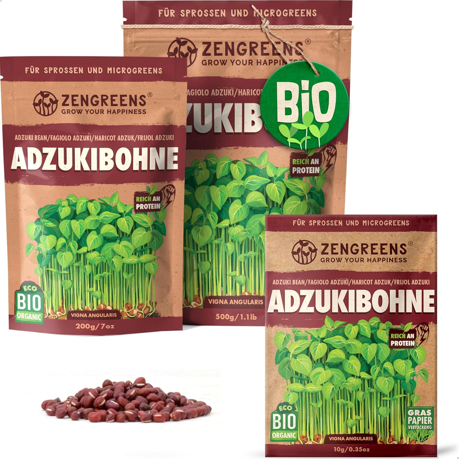 ZenGreens  Organic Azuki Bean Sprout Seeds - Choose between 200 g and 500 g