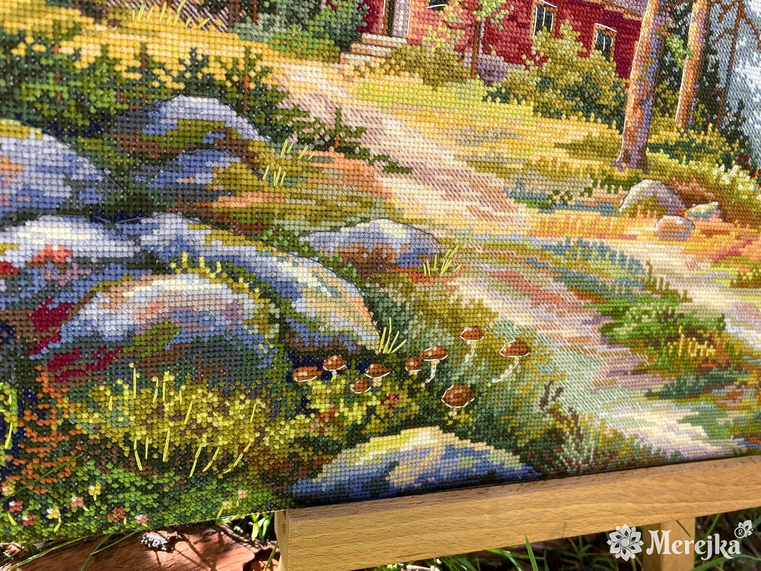 Merejka Counted Cross Stitch Kit Red Cabin in the Woods K-254 — Zweigart Aida 16 White, 41 DMC Colors, Scandinavian Forest Cottage Scene, Finished Size 11.8 x 15.4 in / 30 x 39 cm