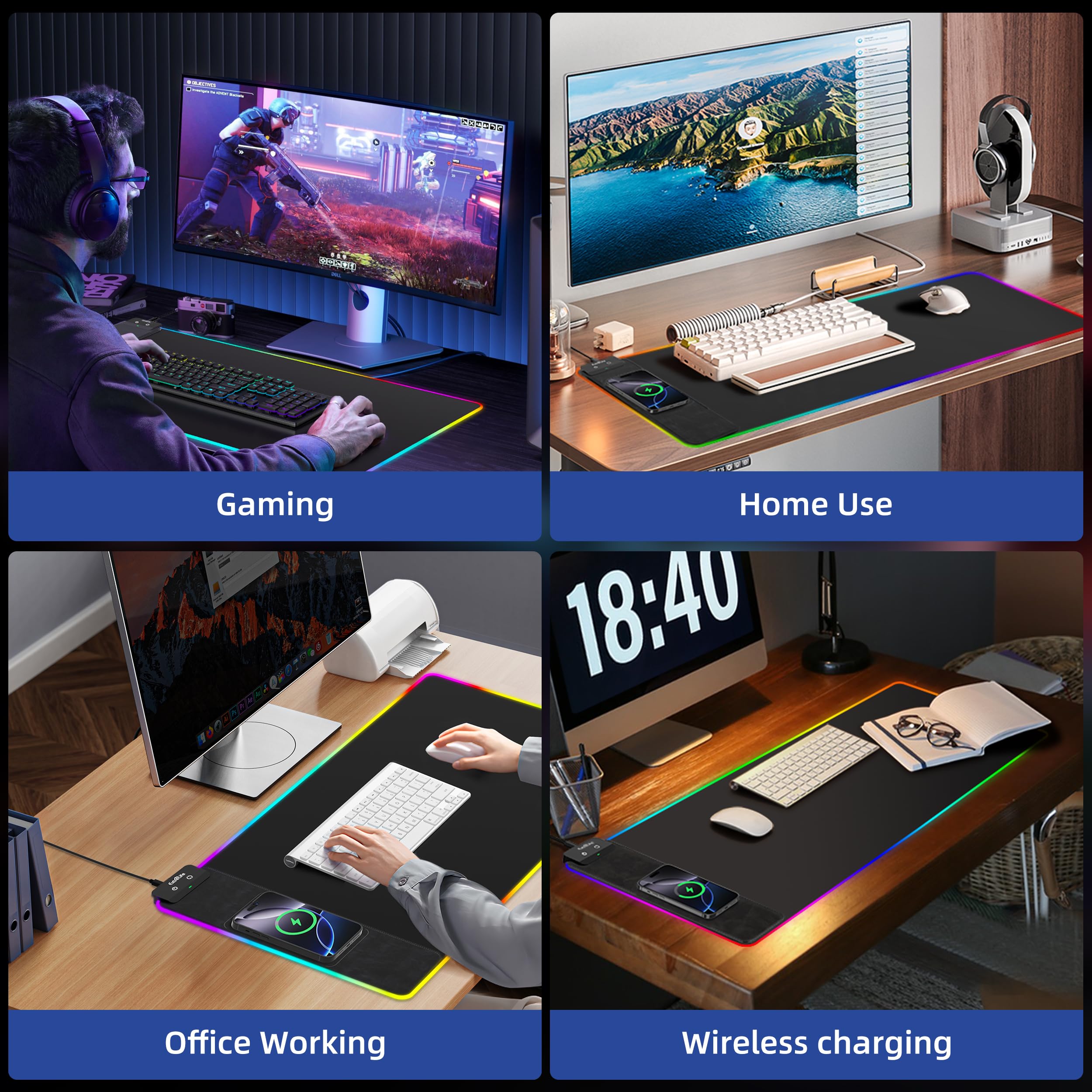 Tappetino per mouse con ricarica wireless, tappetino per mouse da gioco RGB, grande tappetino da scrivania con superficie ultra liscia, tappetino per mouse antiscivolo, tappetino impermeabile per