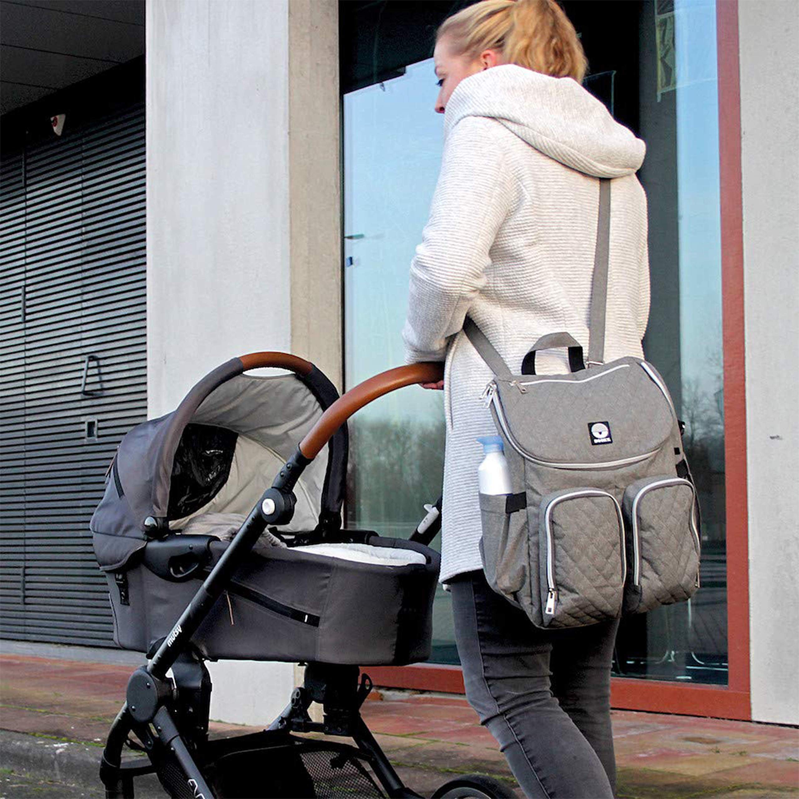Dooky Wickeltasche 2 in 1 Universal Baby Kinderwagen Tasche Rucksack Kombination mit Reißverschluss (inkl. Wickelauflage/Wickelunterlage, 11 Fächer, verstellbare Riemen), Grau Melange