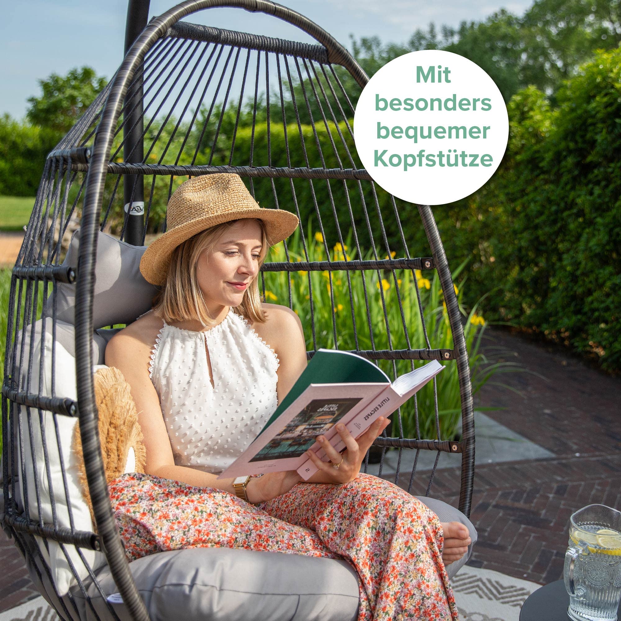 VITA5 Hängesessel mit Gestell - Bequemer Hängekorb Sessel - Rattan Hängesessel Outdoor und Indoor - Boho Egg Schaukel für Terrasse&Leseecke - 150 kg Tragkraft (Grau)