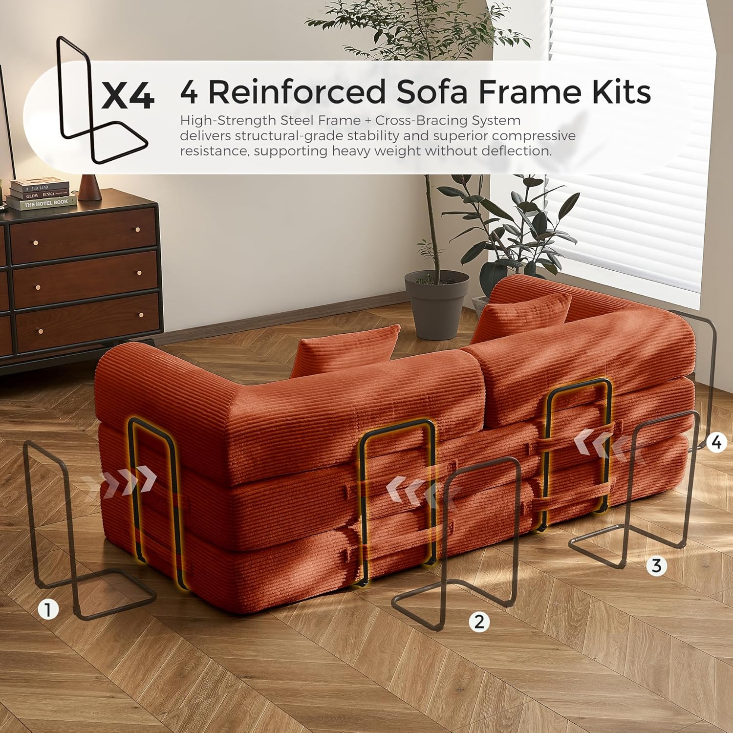 79" Convertible Sofa Bed with Fixed-Shape Frame & Removable Armrests, Modular Corduroy Sleeper Sofa, Folding Mattress Couch for Small Spaces - No Assembly Needed in Orange (Includes 2 Pillows)