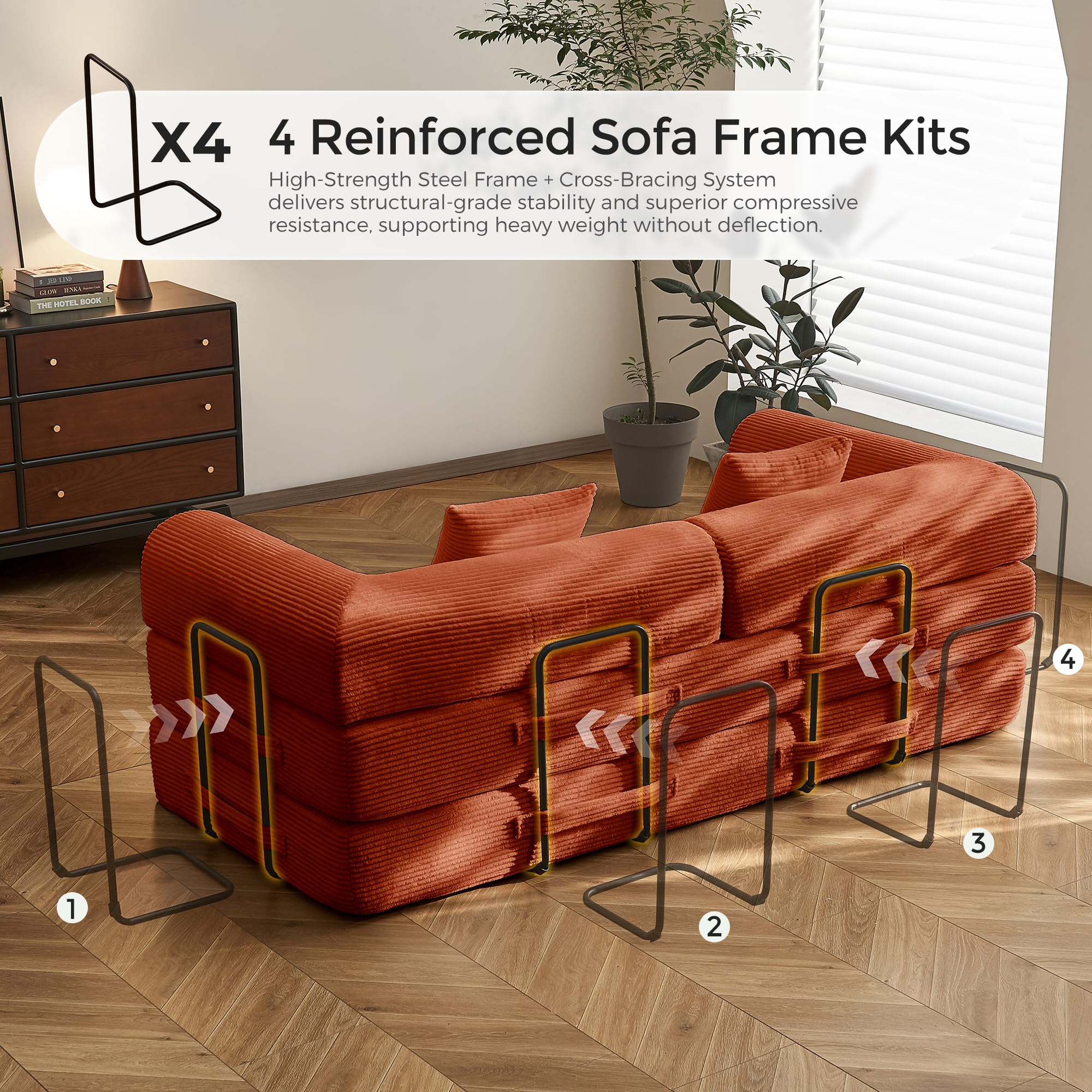 79" Convertible Futon Sofa Bed, Boneless Couch for Living Room | Orange | Folding Corduroy Boneless Sleeper Sofa, Modular Futon Couch with Fixed-Shape Frame, Pull Out Couch No Assembly