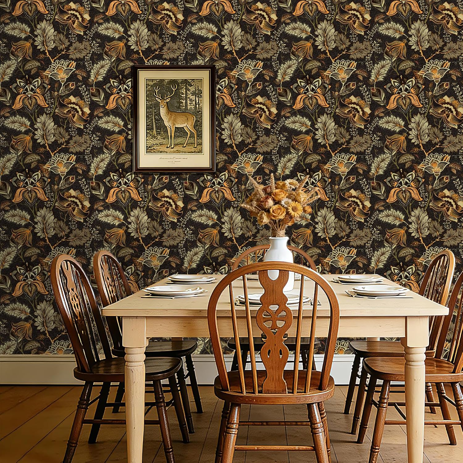 Stickyart 17.5"x276" Gothic Dark Floral Botanical Wallpaper Peel and Stick Vintage Charcoal Black Orange Floral Contact Paper Self Adhesive Exotic Dark Flower Wall Paper for Bedroom Living Room Wall