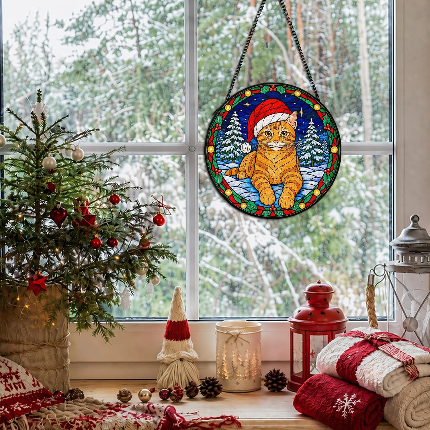 Christmas Orange Tabby Cat Stained Glass Suncatcher Hanging Decor