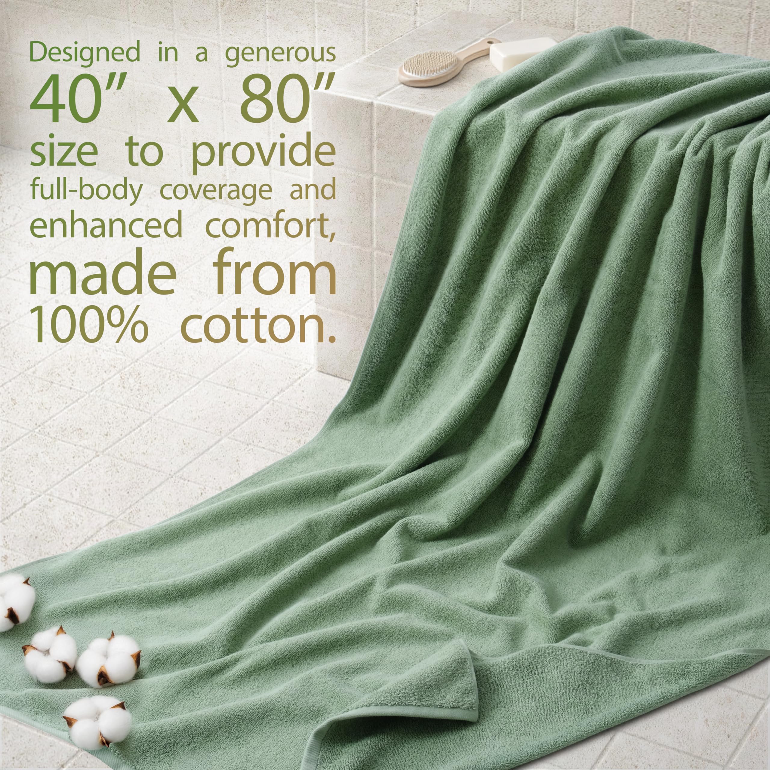 Cotton Paradise Drap de Bain surdimensionné 100% Coton de 101 x 203 cm, Serviette de Bain Extra Large pour Salle de Bain et Piscine, Vert Sauge