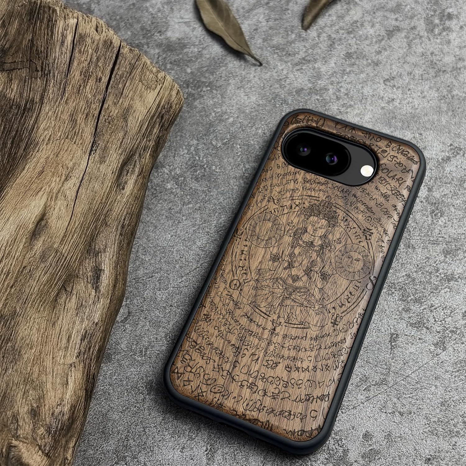 Carveit Magnetic Wooden Case for Google Pixel 10a Case, Wood Artisan Engraved & Soft TPU Shockproof Cover, Compatible with MagSafe Wireless Chargers (Enigmatic Buddha) Walnut