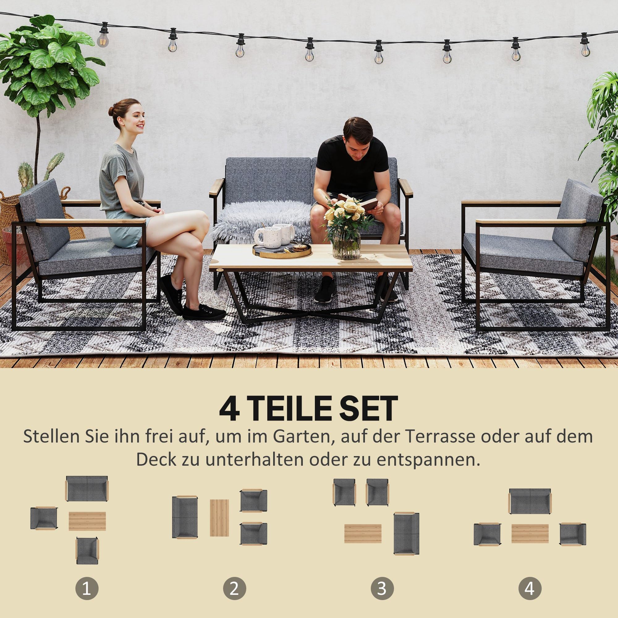 Outsunny Gartenmöbel Set Wetterfest für 4 Personen, 2er Sofa, Balkon Grau | 2 Stühle, Sitzkissen, Beistelltisch, Balkonmöbel-Set, Outdoor Sitzgruppe, Terrassenmöbel, Gartengarnitur, Garten, Terrasse