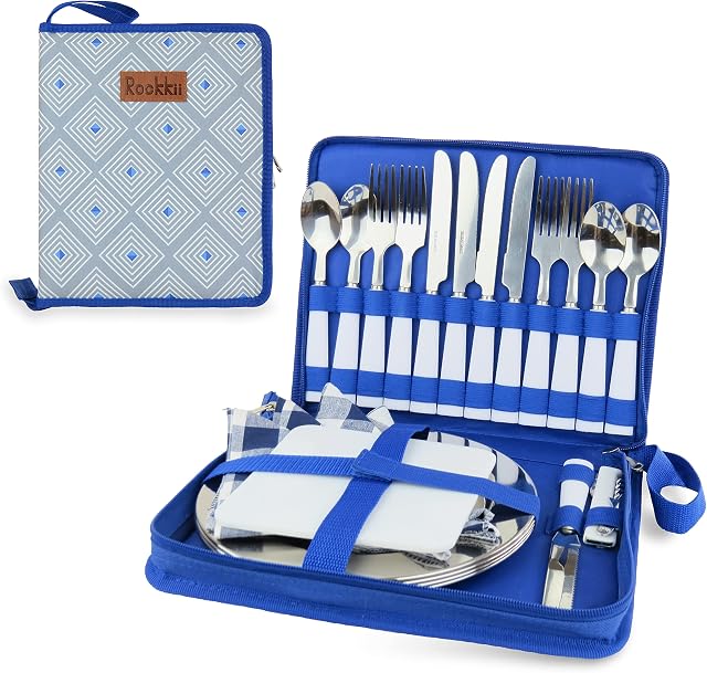 Camping Cutlery Set for 2 or Portable Cutlery Set for 4, 11 Pcs Picnic Set for 2 or 23 Pcs Picnic Set for 4, Food-Grade SS Camping Plates and SS Cutlery, Lightweight Travel Cutlery Set with Case