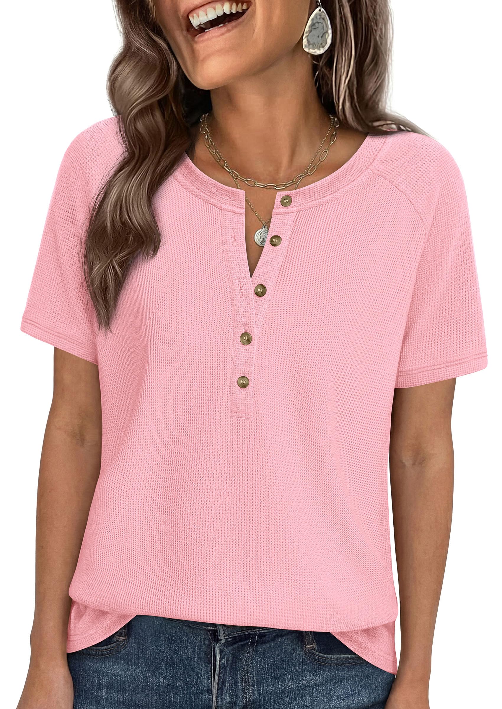 PRETTYGARDEN Waffle Knit Tops for Women Short Sleeve Henley Shirts 2026 Summer Blouses Dressy Casual Spring Fashion Clothes — view 25