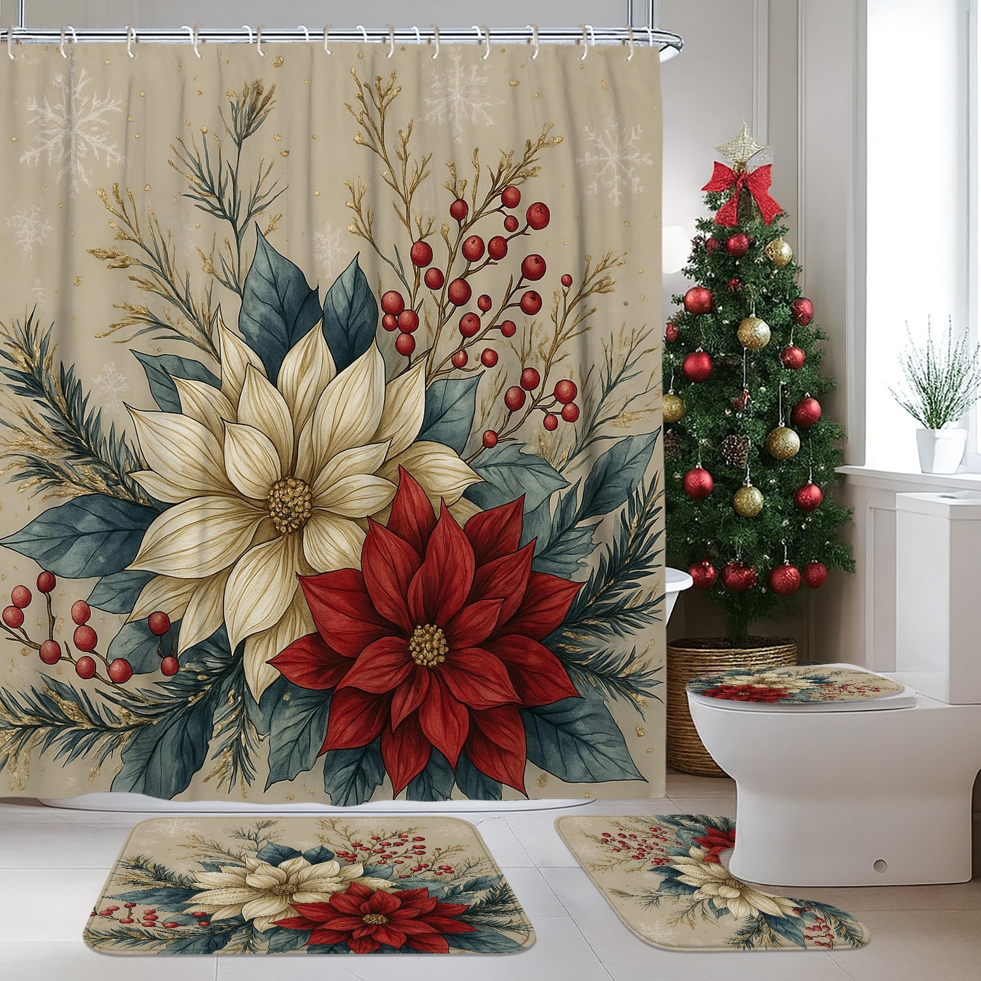 Set di 4 tende da doccia con motivo floreale, tappeto da bagno con motivo floreale rosso e crema, accessori per la decorazione del bagno, tenda da doccia moderna in tessuto impermeabile verde