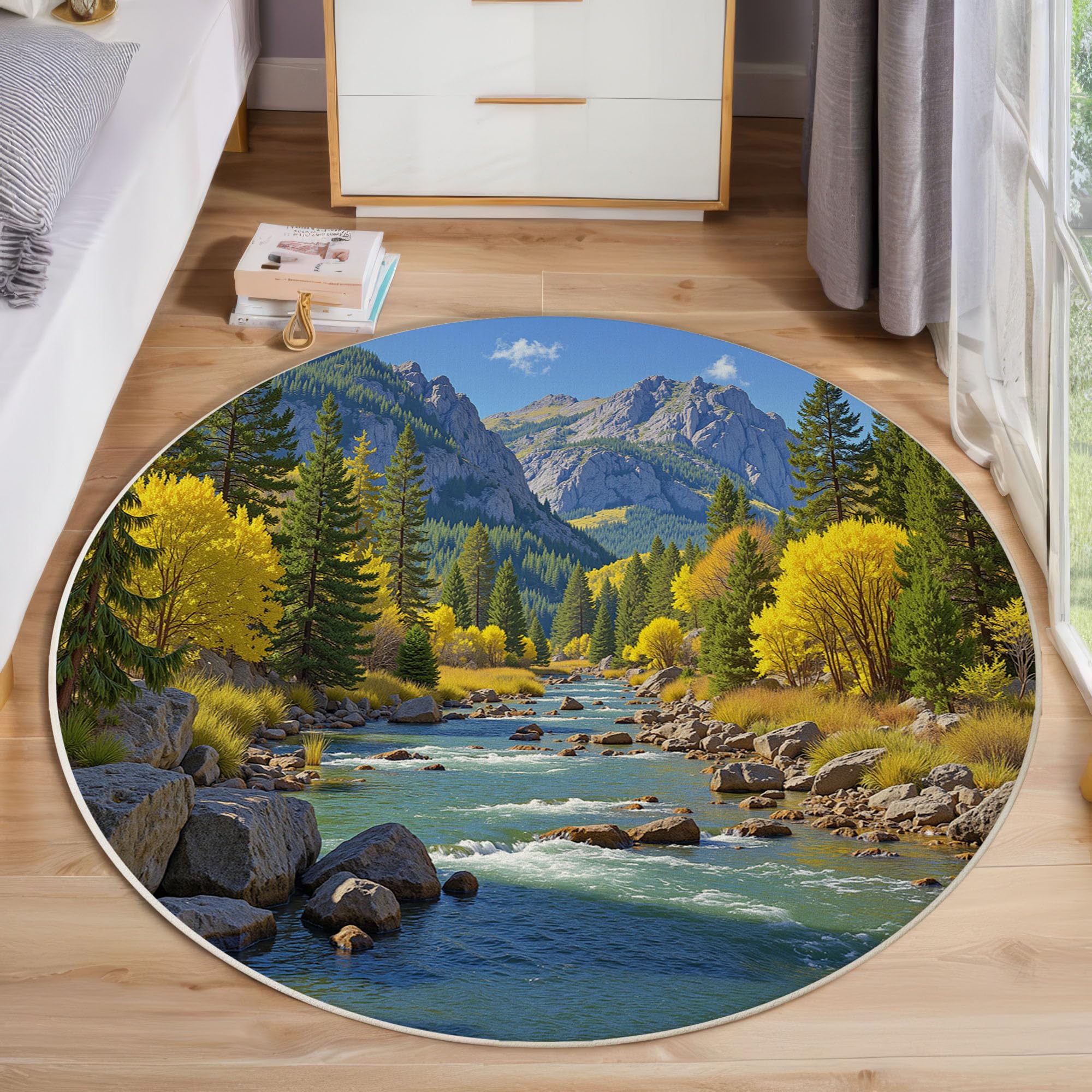Tapis rond forêt lavable en machine et antidérapant de 200cm