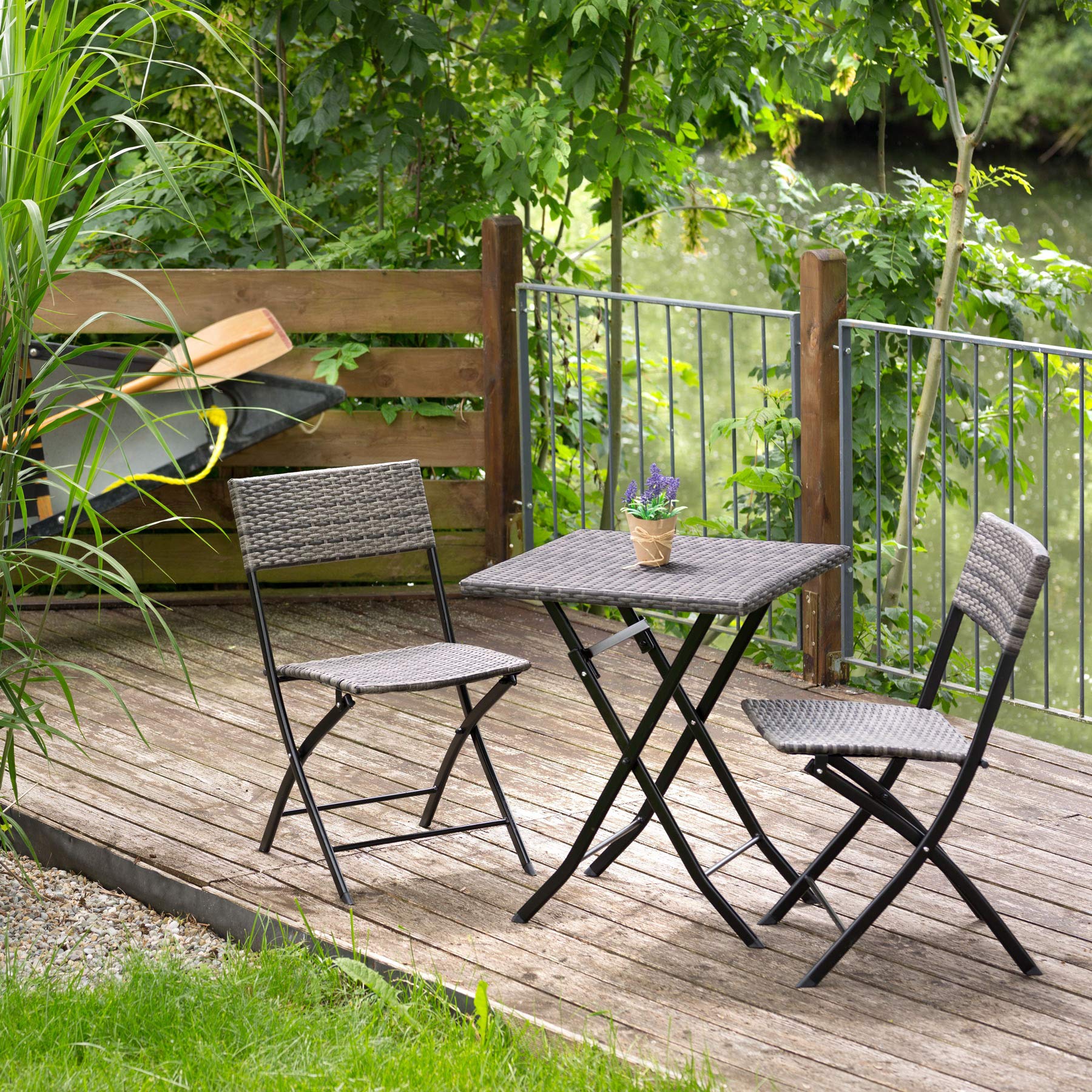 tectake® Set 3 Pezzi Trevi in Rattan, 1 Tavolo con 2 Sedie, Protezione dai Raggi UV, Ripiegabile, Design Moderno, Set Giardino, Terrazzo, Balcone, Campeggio - Grigio